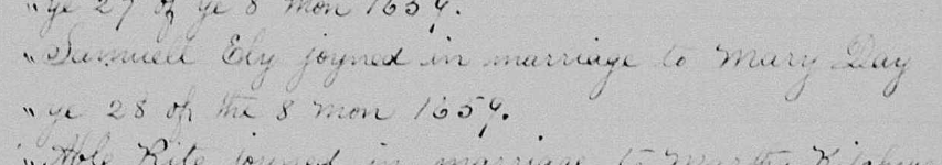 Marriage record of Samuell Ely and Mary Day