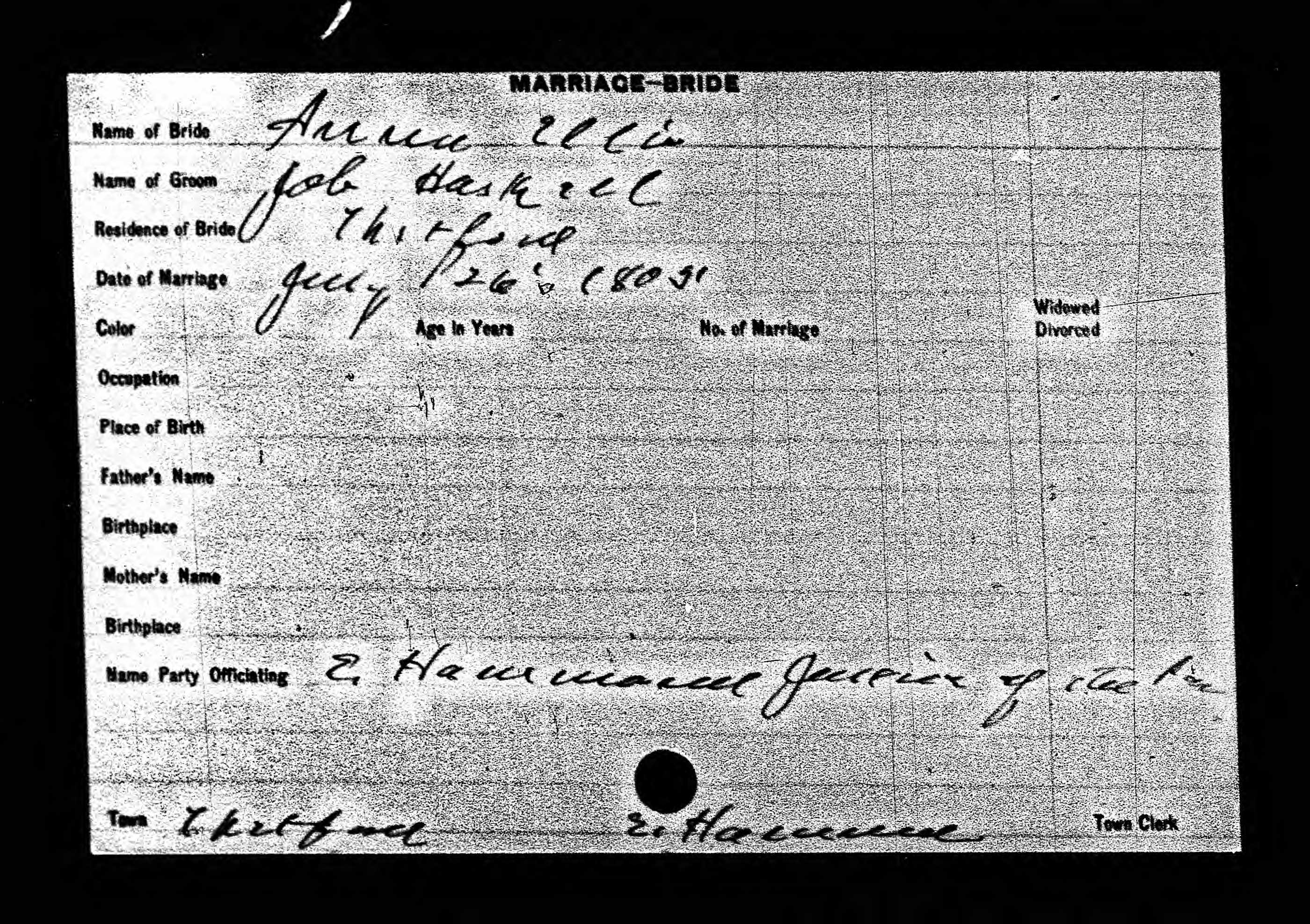 Indexed marriage record of Job Haskell and Anna Ellis