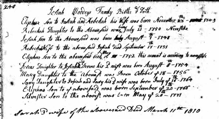 Birth of Josiah Moody (and other records of his family)
