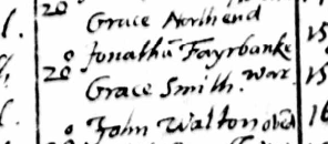 Marriage record of Jonathan Fayrbanks and Grace Smith