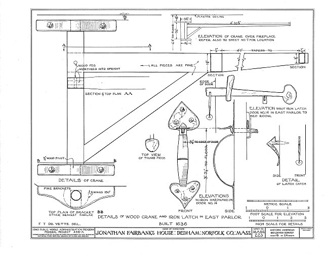 Diagram of a wood crane and iron latch in the Fairbanks House