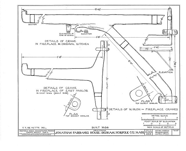 Diagram of wrought iron fireplace cranes in the Fairbanks House