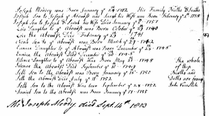 Family of Joseph Moody in Town and Vital Records