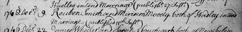 Marriage record of Reuben Smith and Miriam Moody