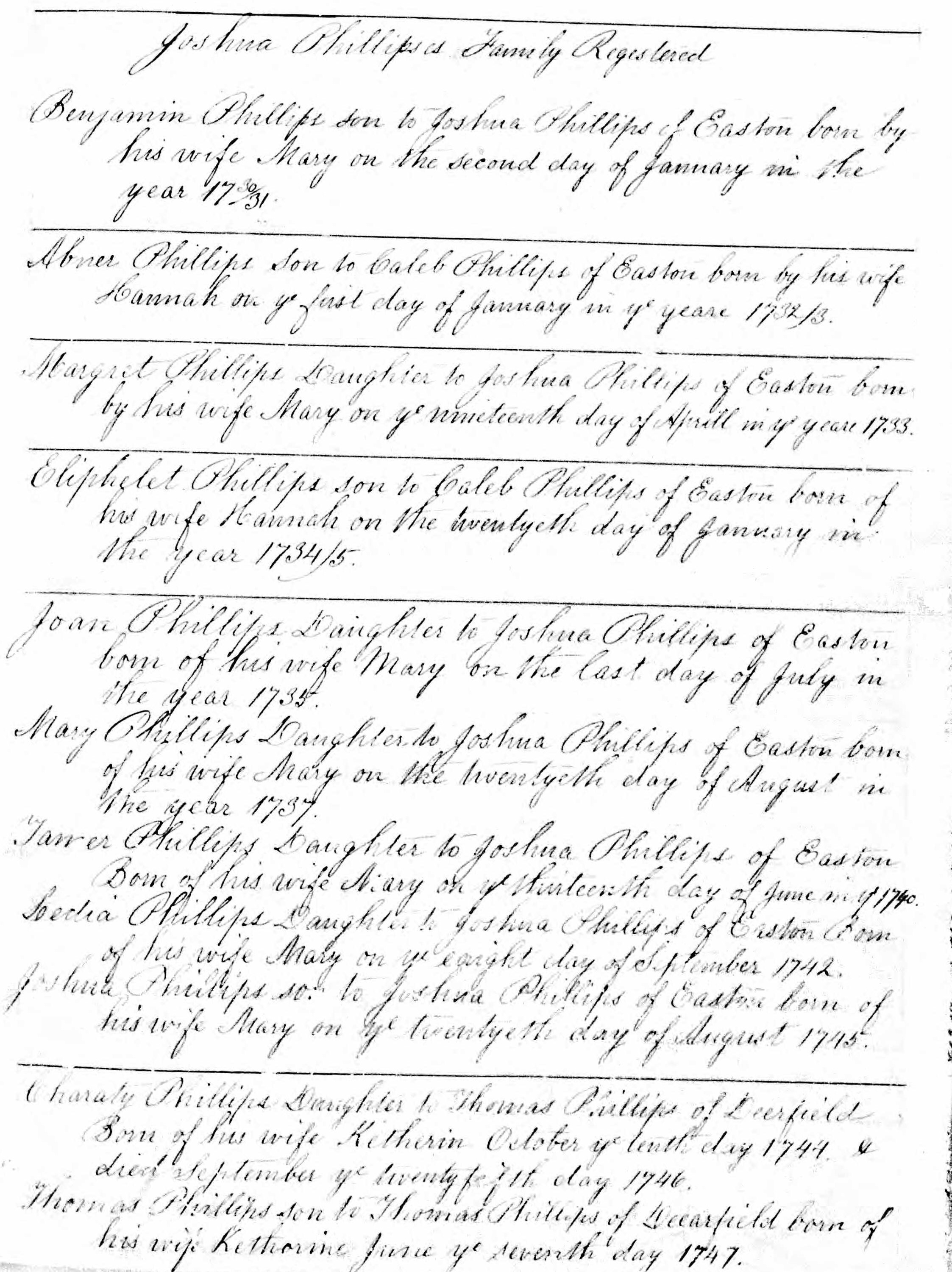 Family Registers of Joshua, Caleb, and Thomas Phillips' families, page 1