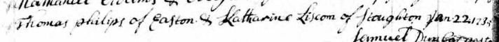 Marriage record of Thomas Phillips and Katharine Liscom