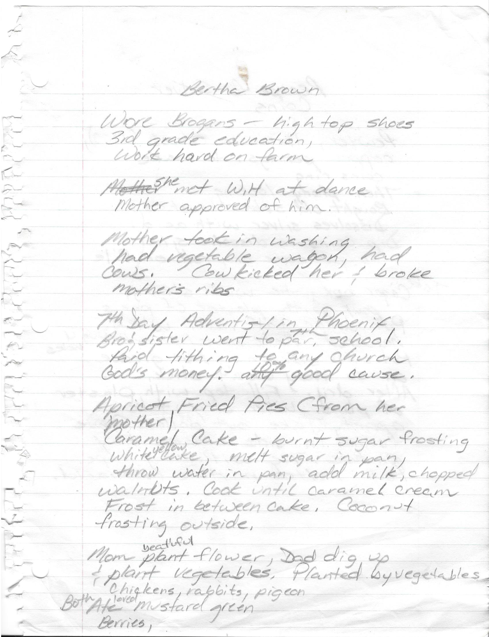 Handwritten notes about Bertha Brown