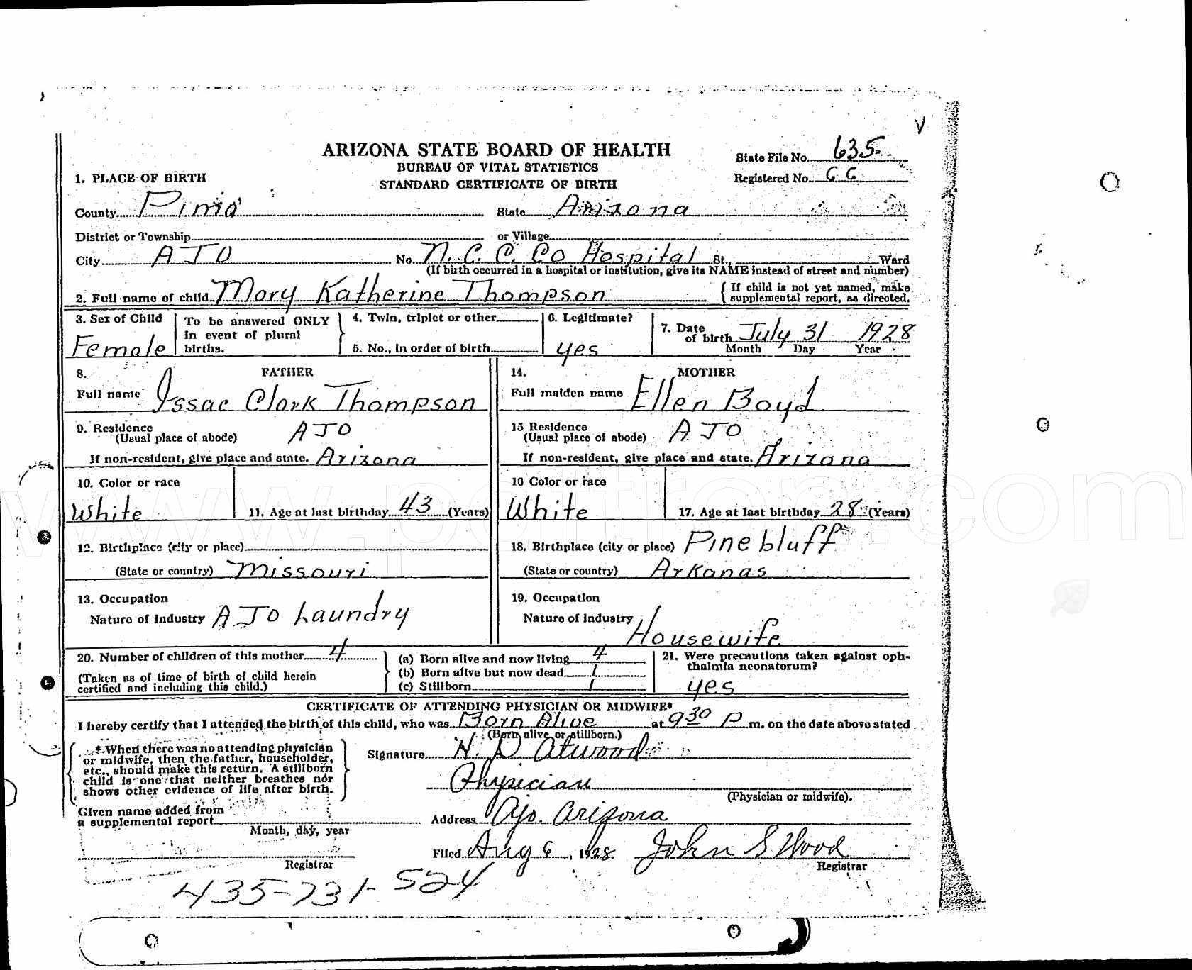 Birth certificate of Mary Katherine Thompson