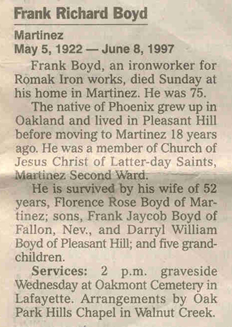 Obituary of Frank Richard Boyd