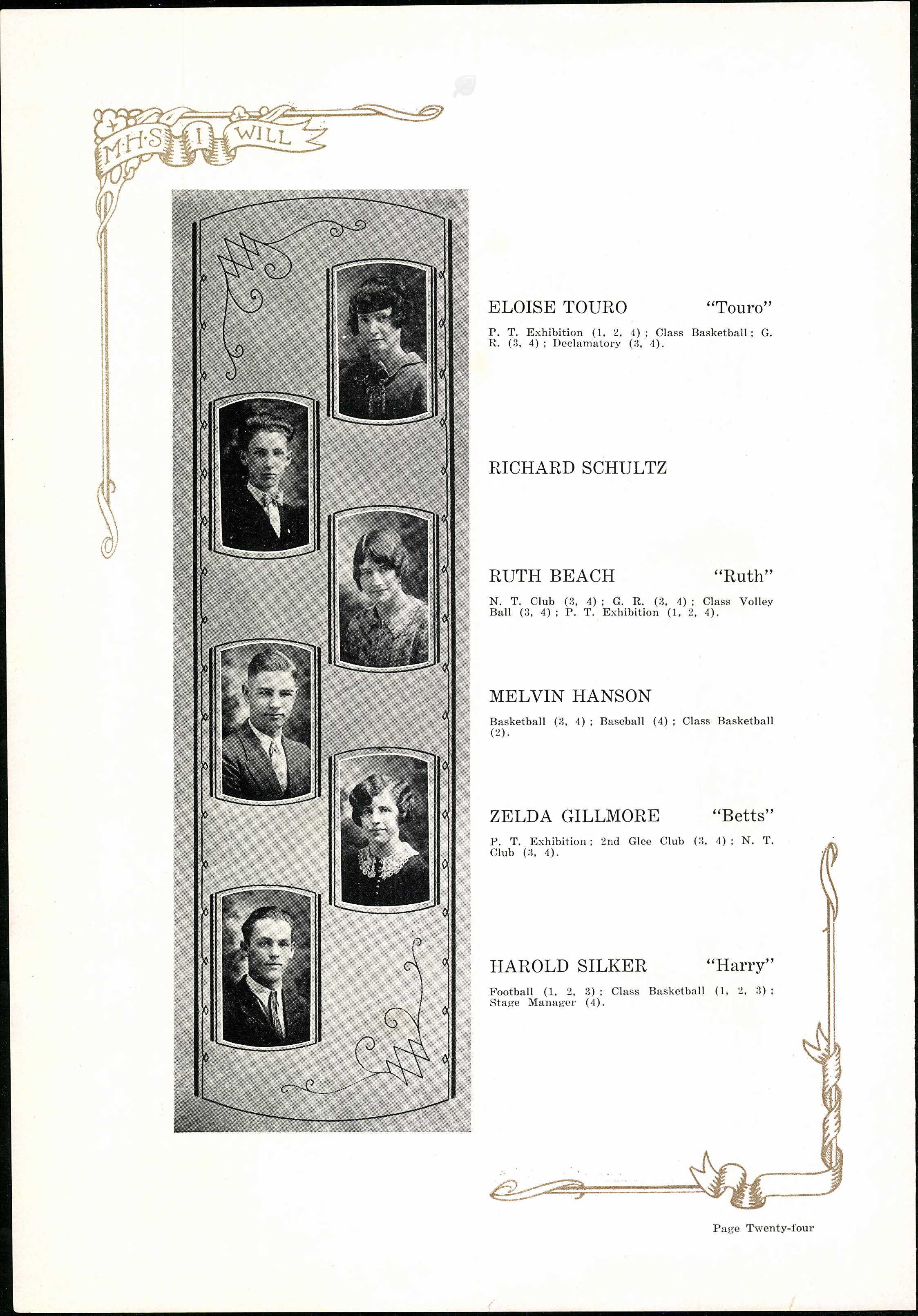 Page of a yearbook, including a photo of Harold Silker as a student