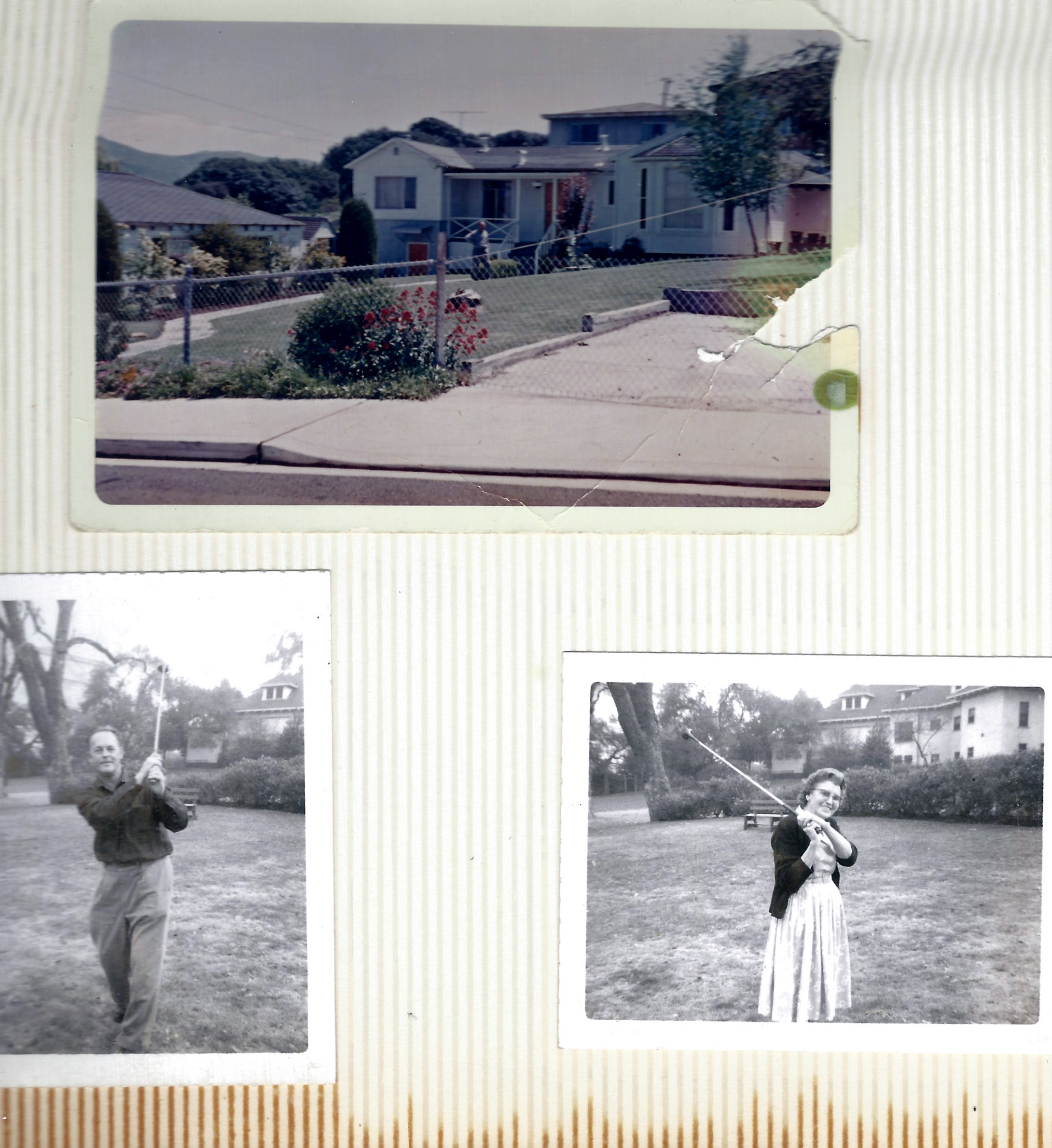 Page from an album with three photos, one of a house, one of Harold golfing, one of Katie golfing