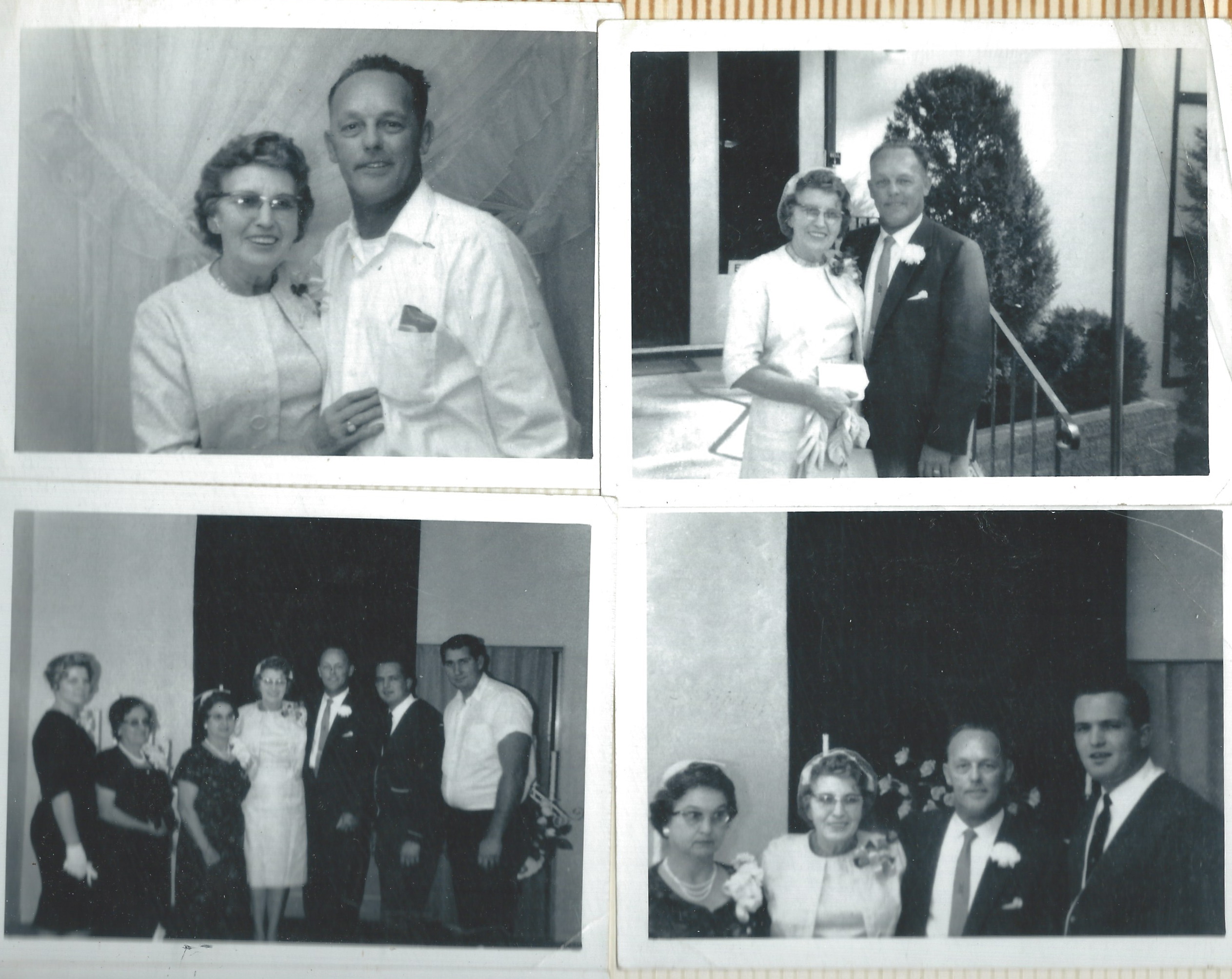 Page from an album with four photos, the top of two of Harold and Katie, the bottom two of Harold and Katie with their wedding party