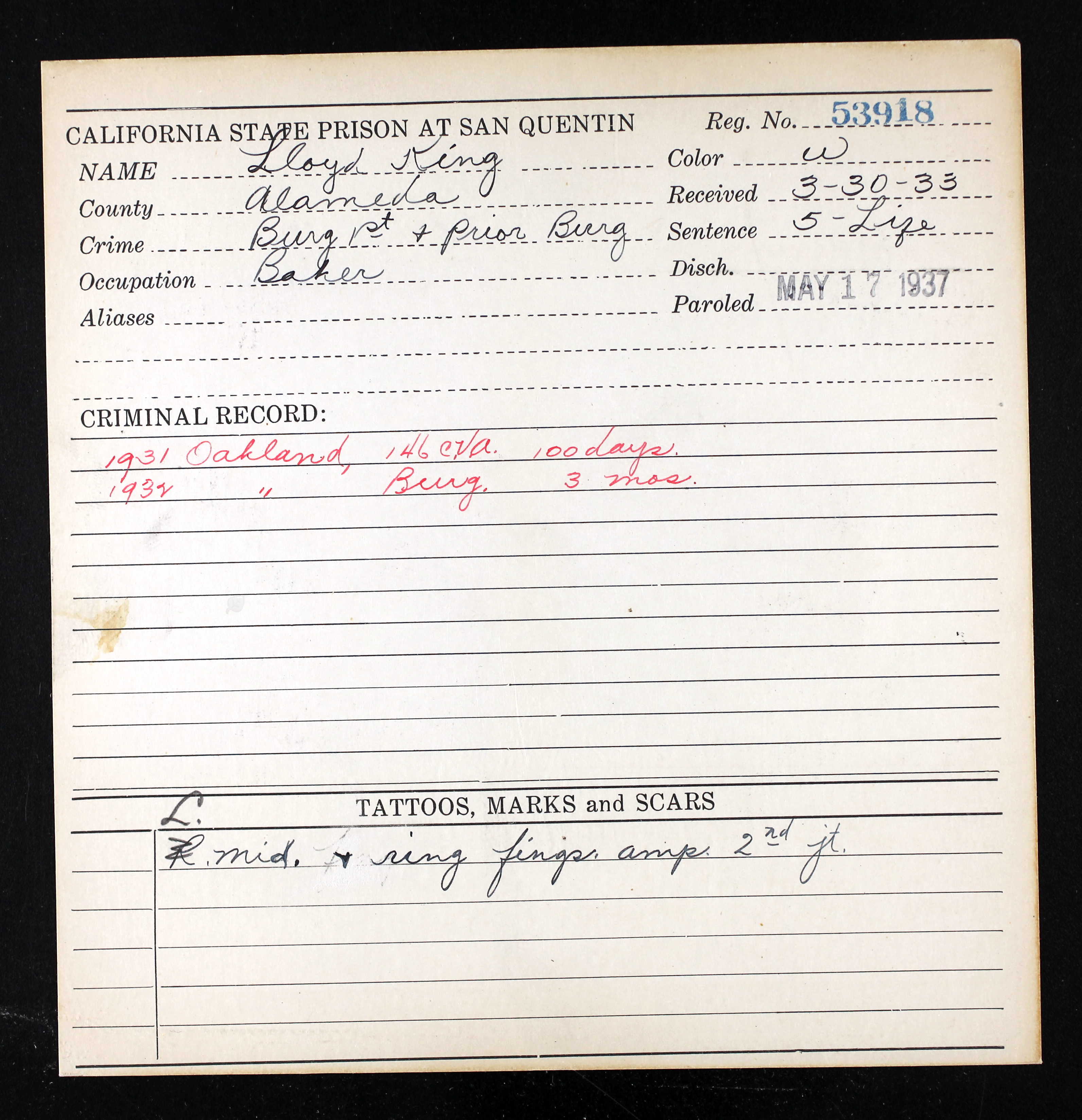 Inmate identification card for Lloyd King