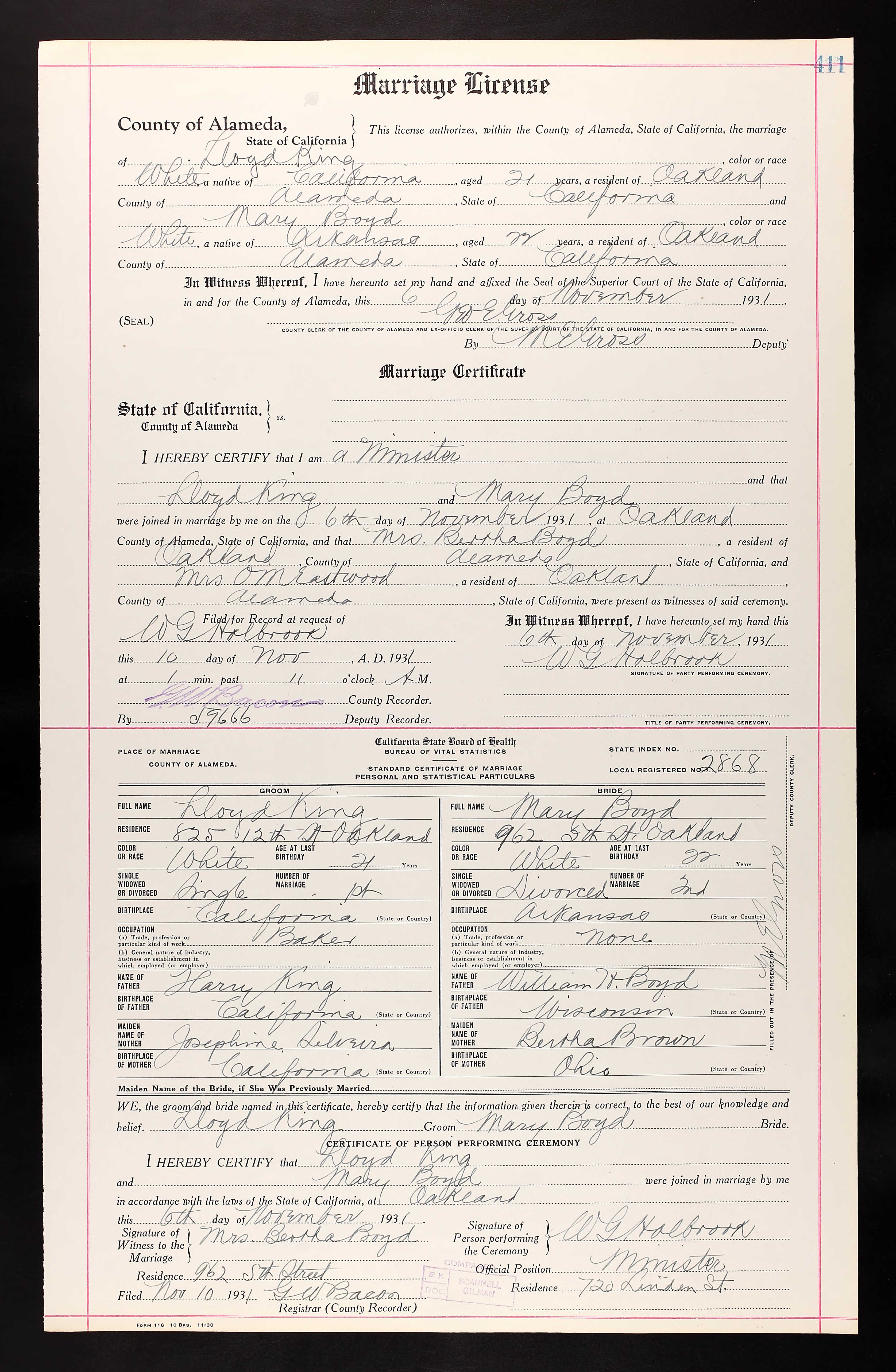 Marriage license and certificate of Lloyd King and Mary Boyd