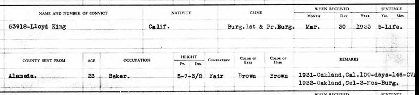 Lloyd King’s entry in San Quentin’s prison register