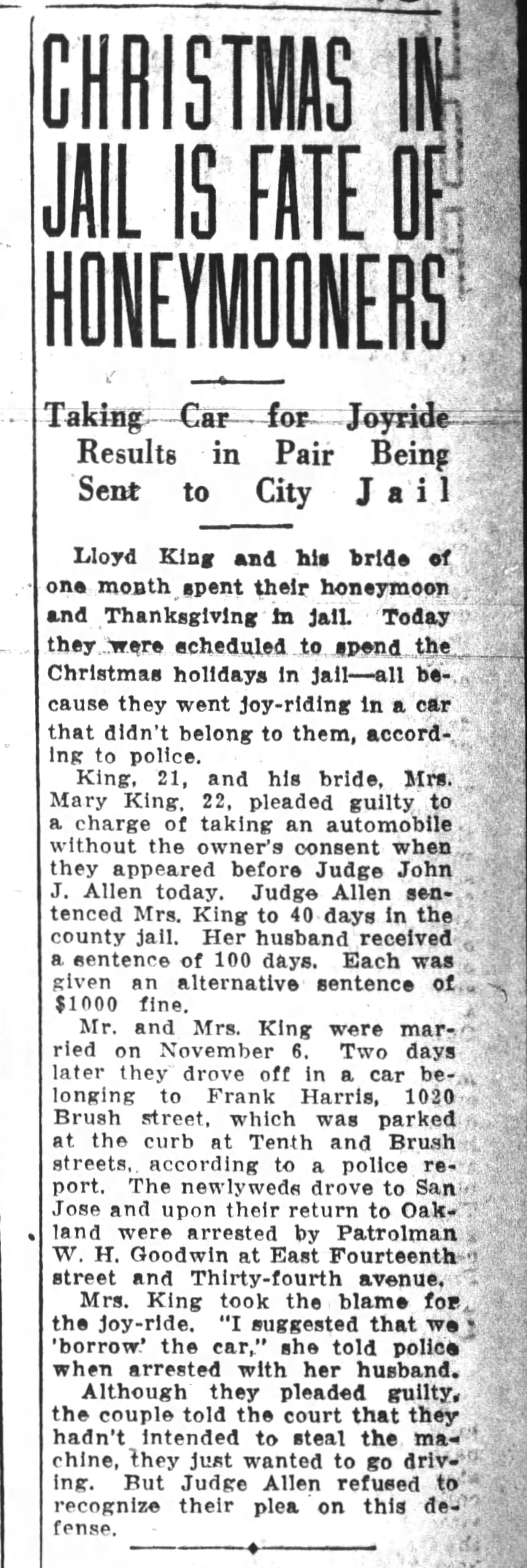 Article about Lloyd and Mary’s sentence for stealing a car