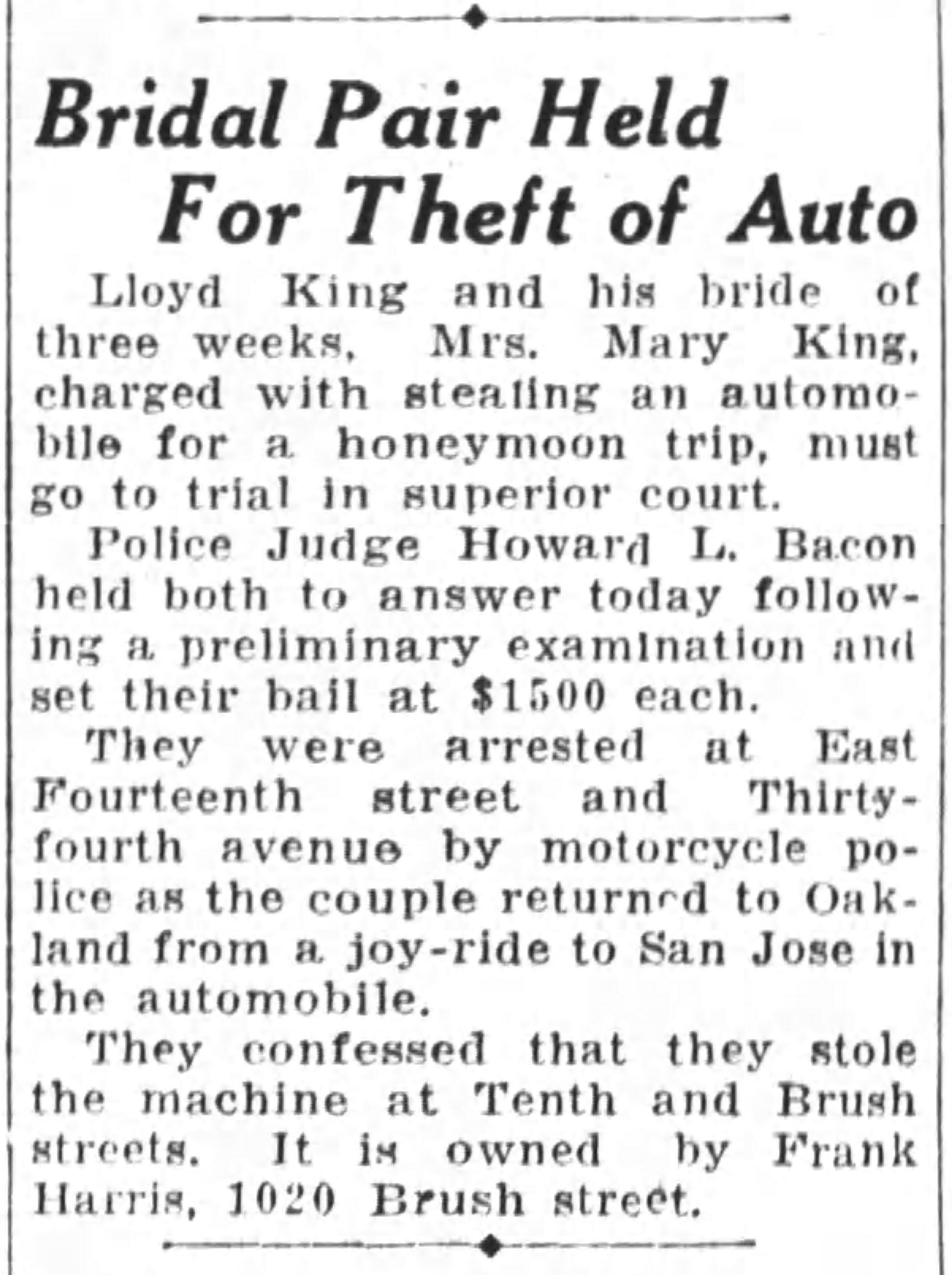 Article about Lloyd and Mary King stealing a car on their honeymoon