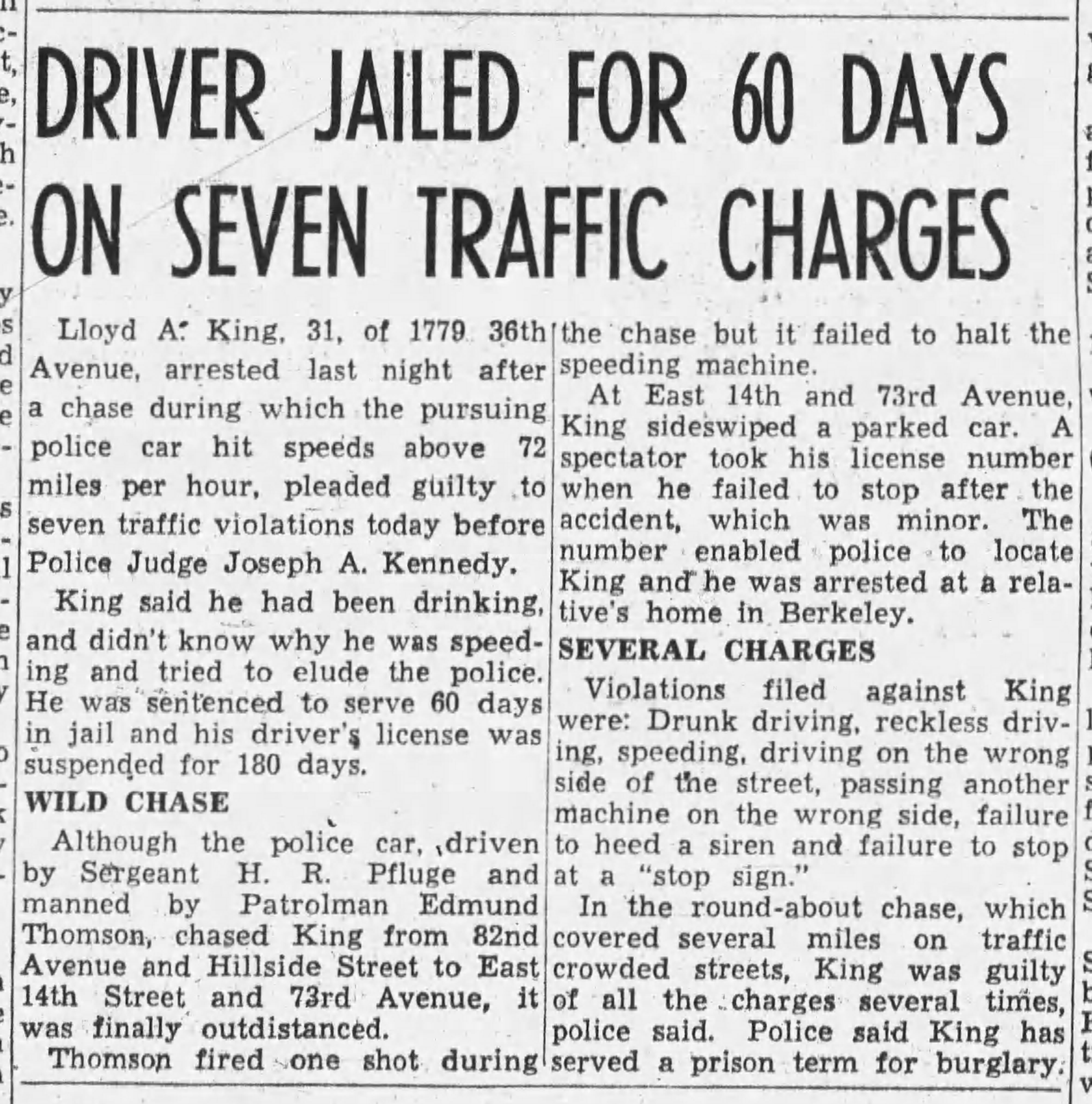 Article about the arrest of Lloyd King for drunken driving and a car chase by the police