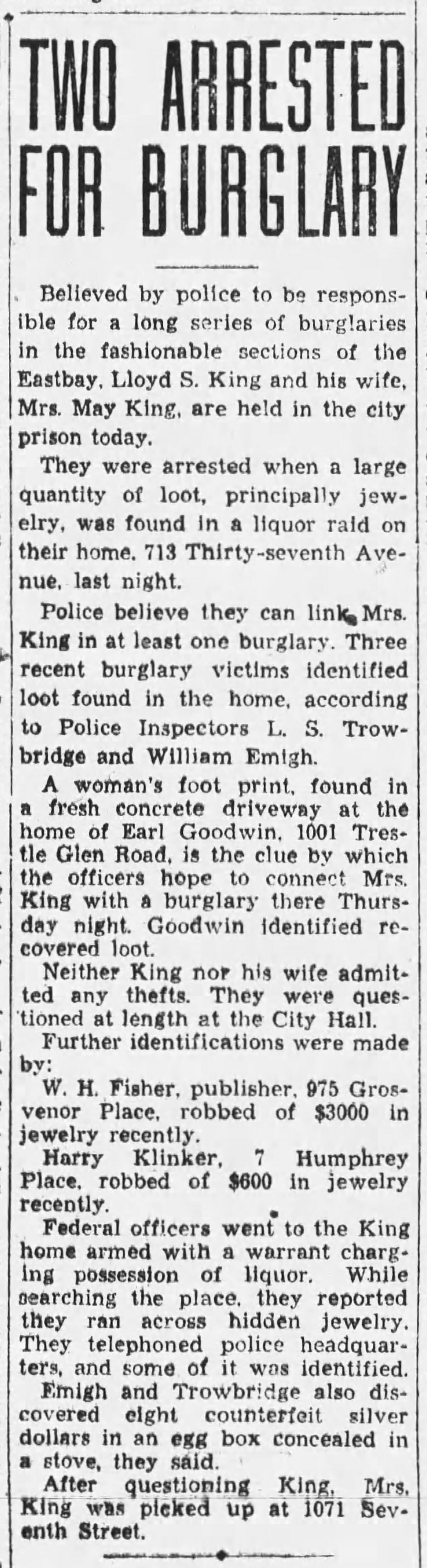Article about the arrests of Lloyd and May King for burglary