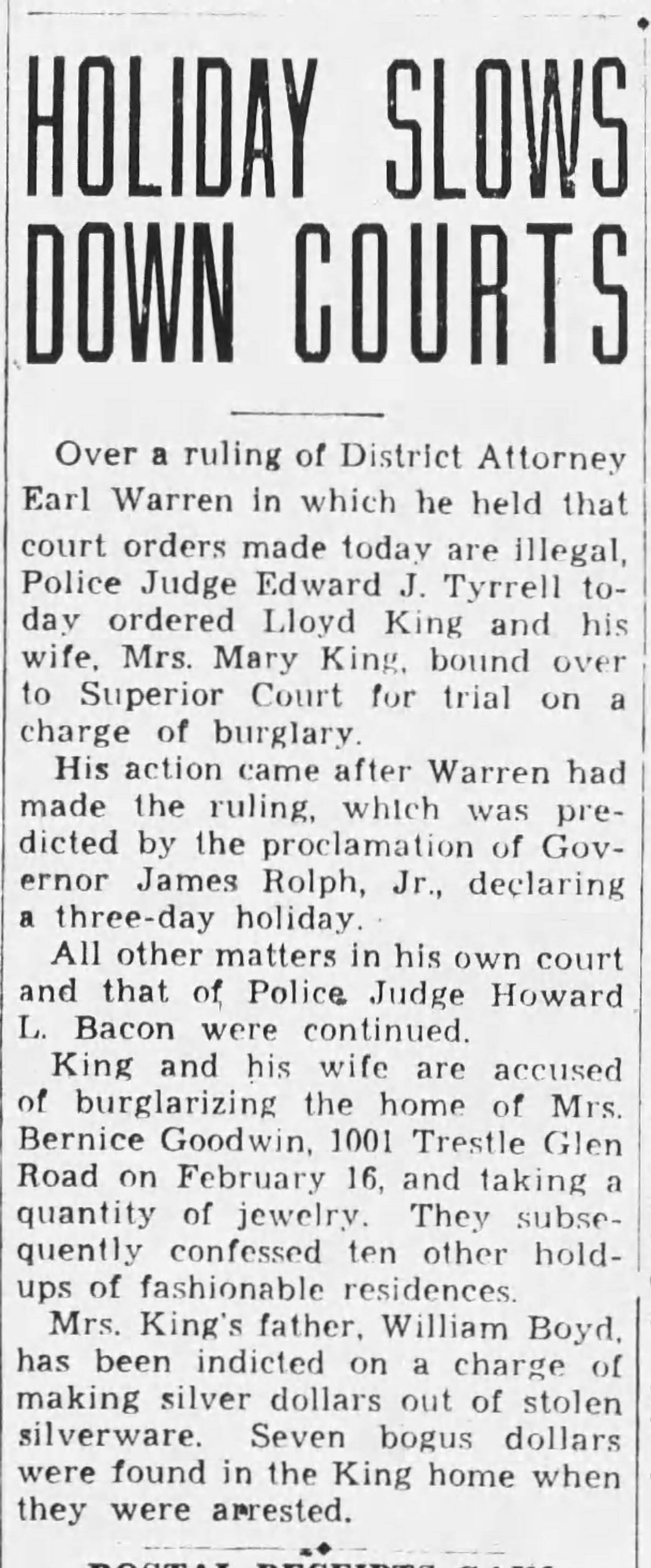 Article about the delay of the trial of Lloyd and Mary King