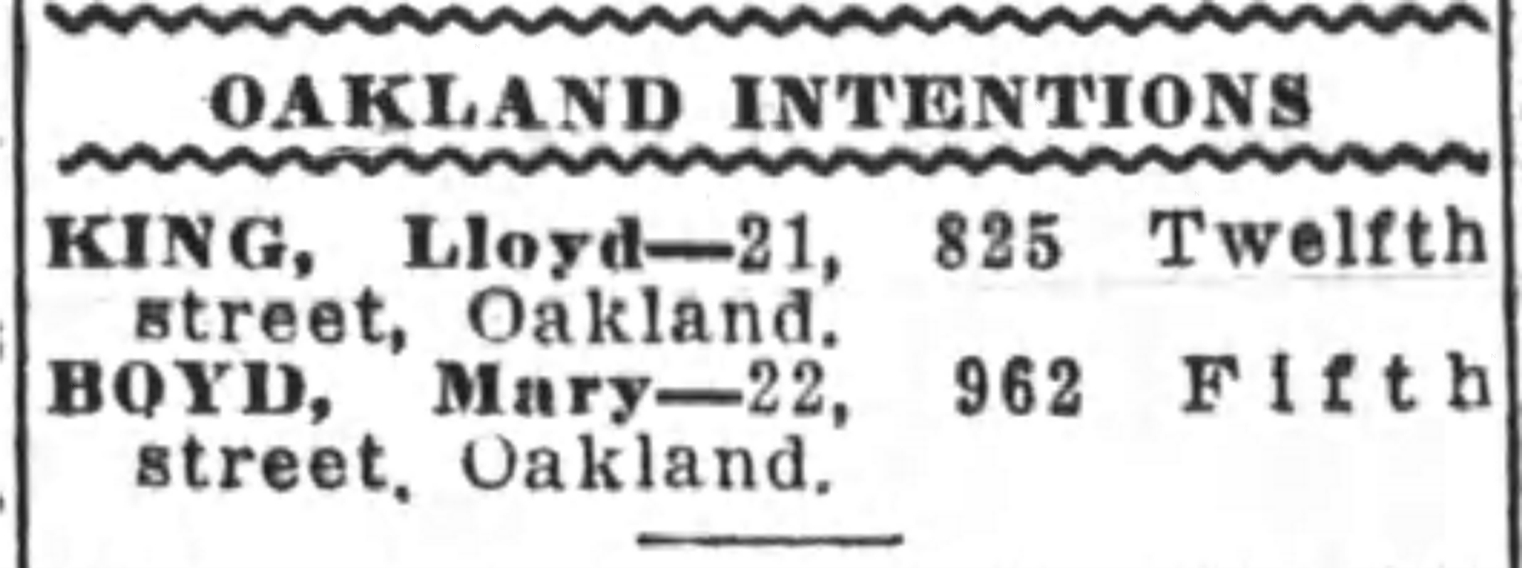 Marriage intention of Lloyd King and Mary Boyd, Oakland