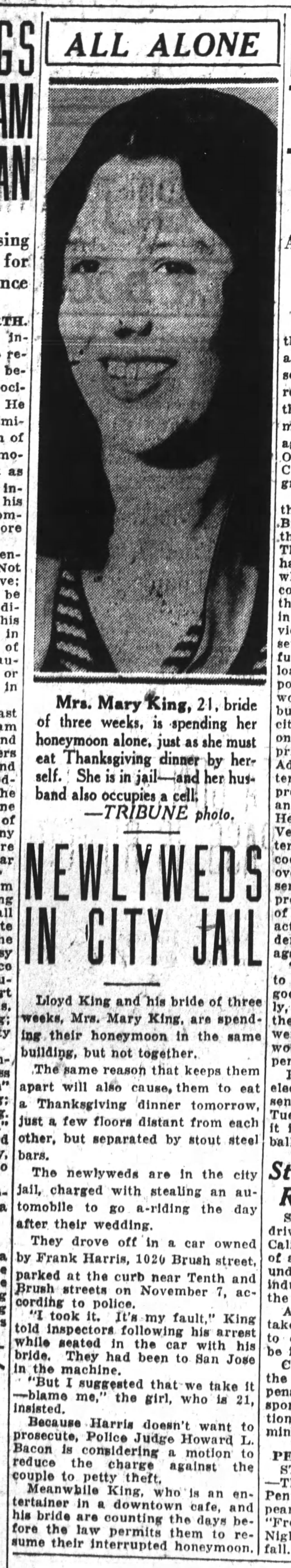 Article about Lloyd and Mary King stealing a car on their honeymoon