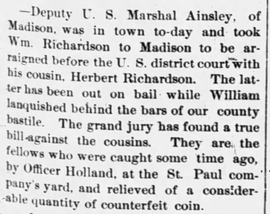Article on the trials of William and Herbert Richardson for passing counterfeit money