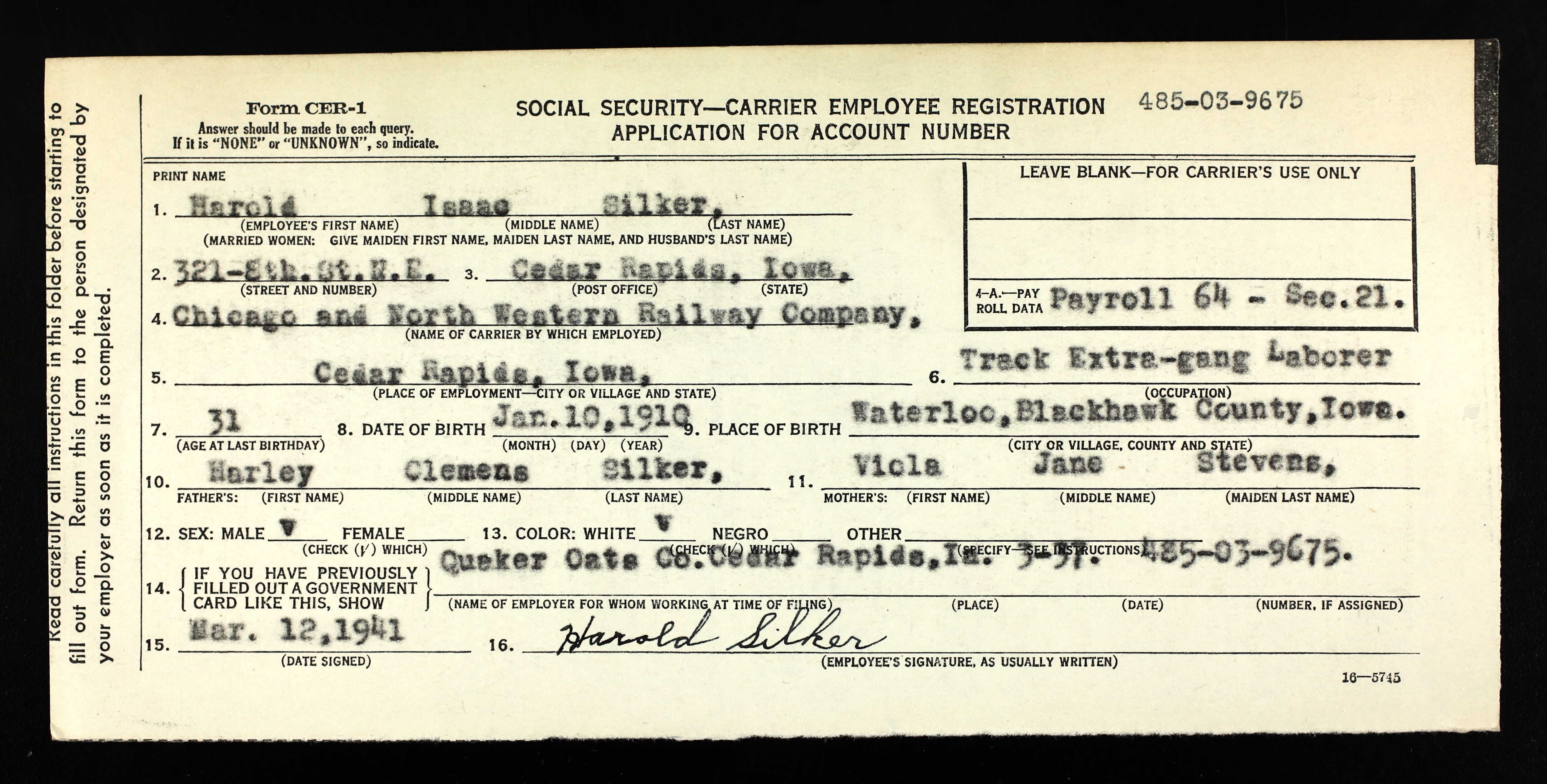 Application for Social Security account number for Harold Isaac Silker