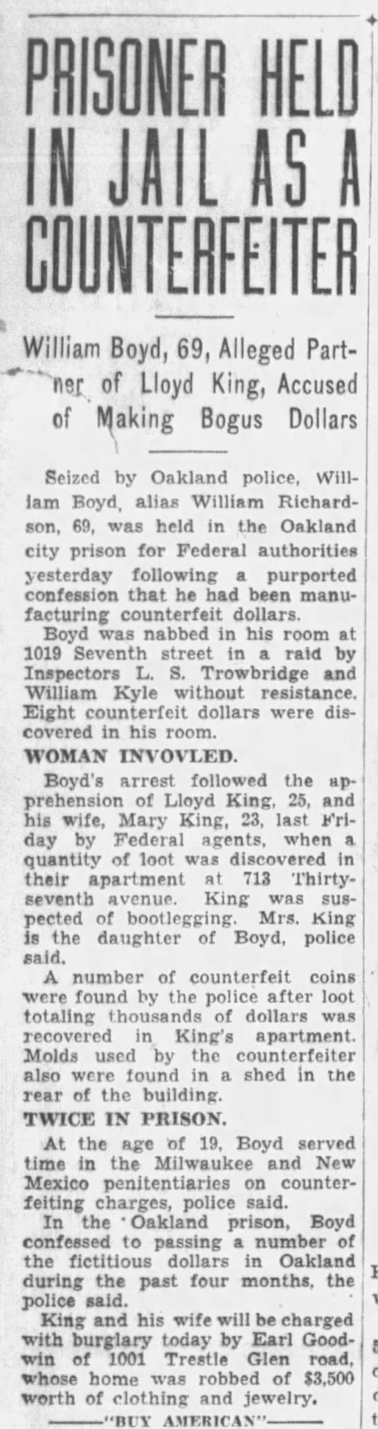 Article about the arrest of William Boyd alias William Richardson, the connection to the burglaries, and his previous arrests