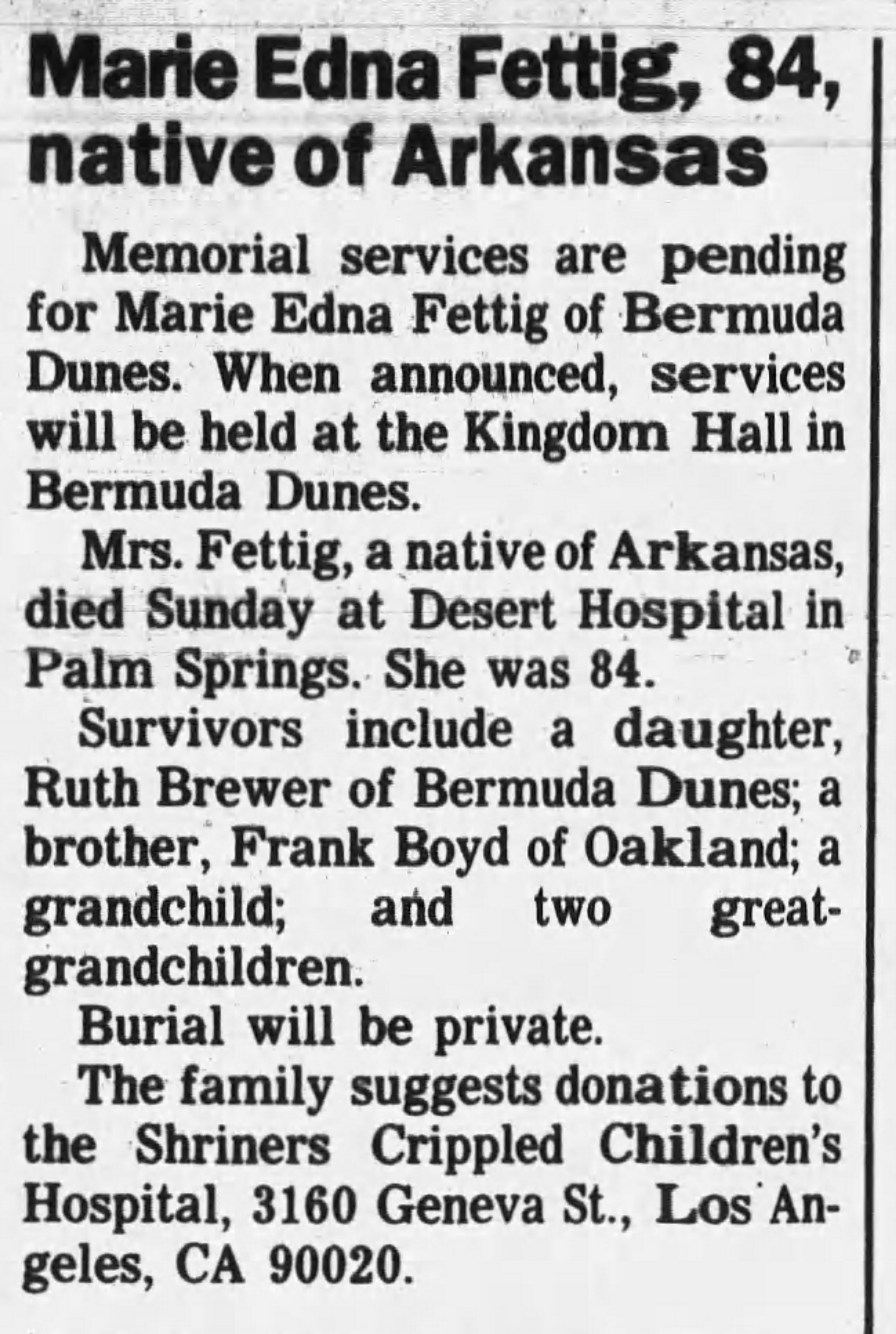 Article about memorial services for Marie Edna Fettig