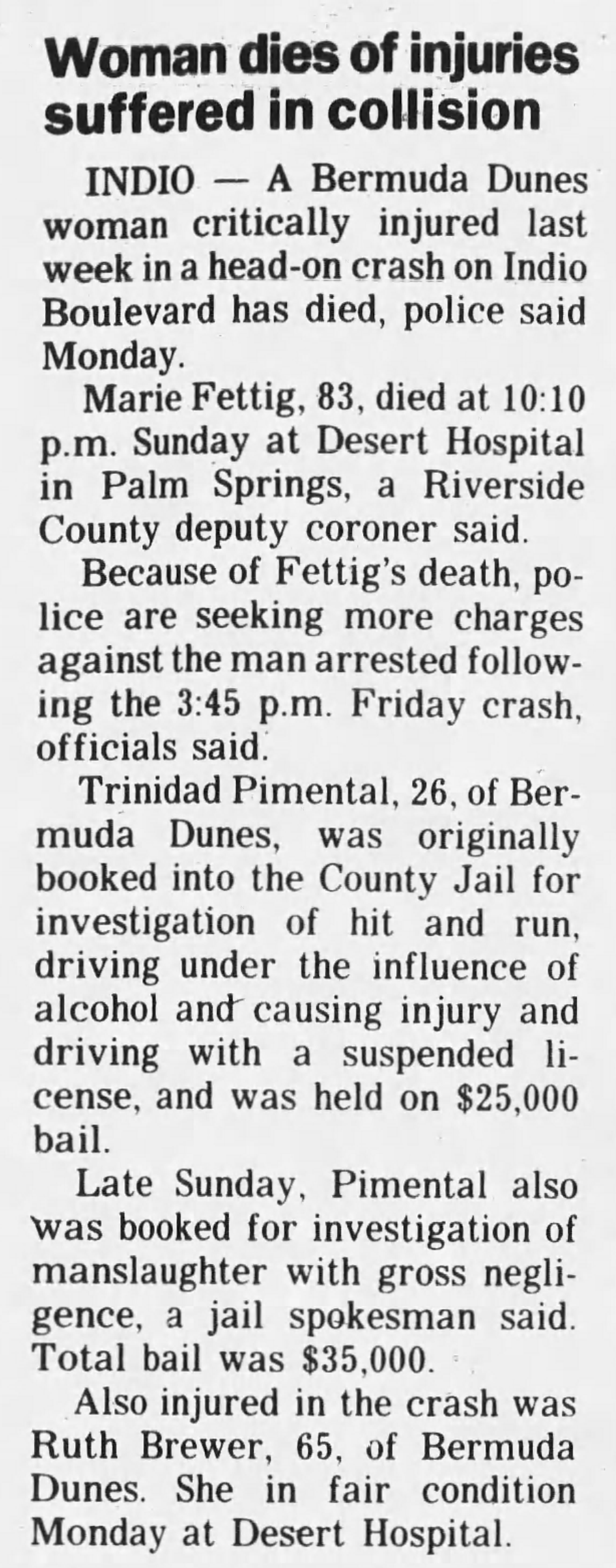 Article about the death of Marie Fettig after a driver under the influence struck her car