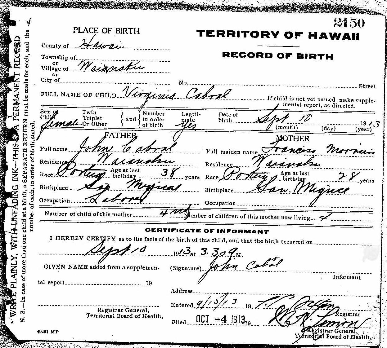 Birth certificate of Virginia Cabral