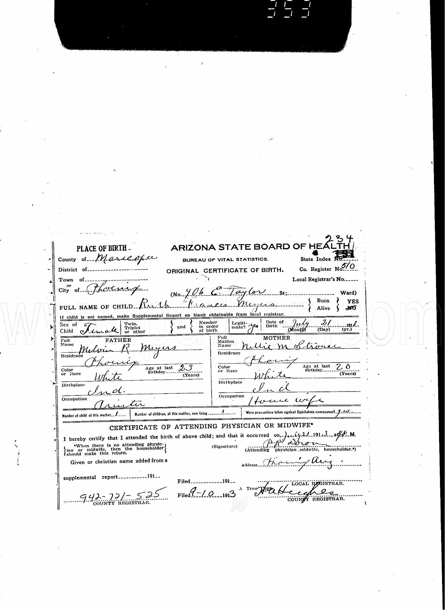 Birth certificate of Ruth Frances Meyers
