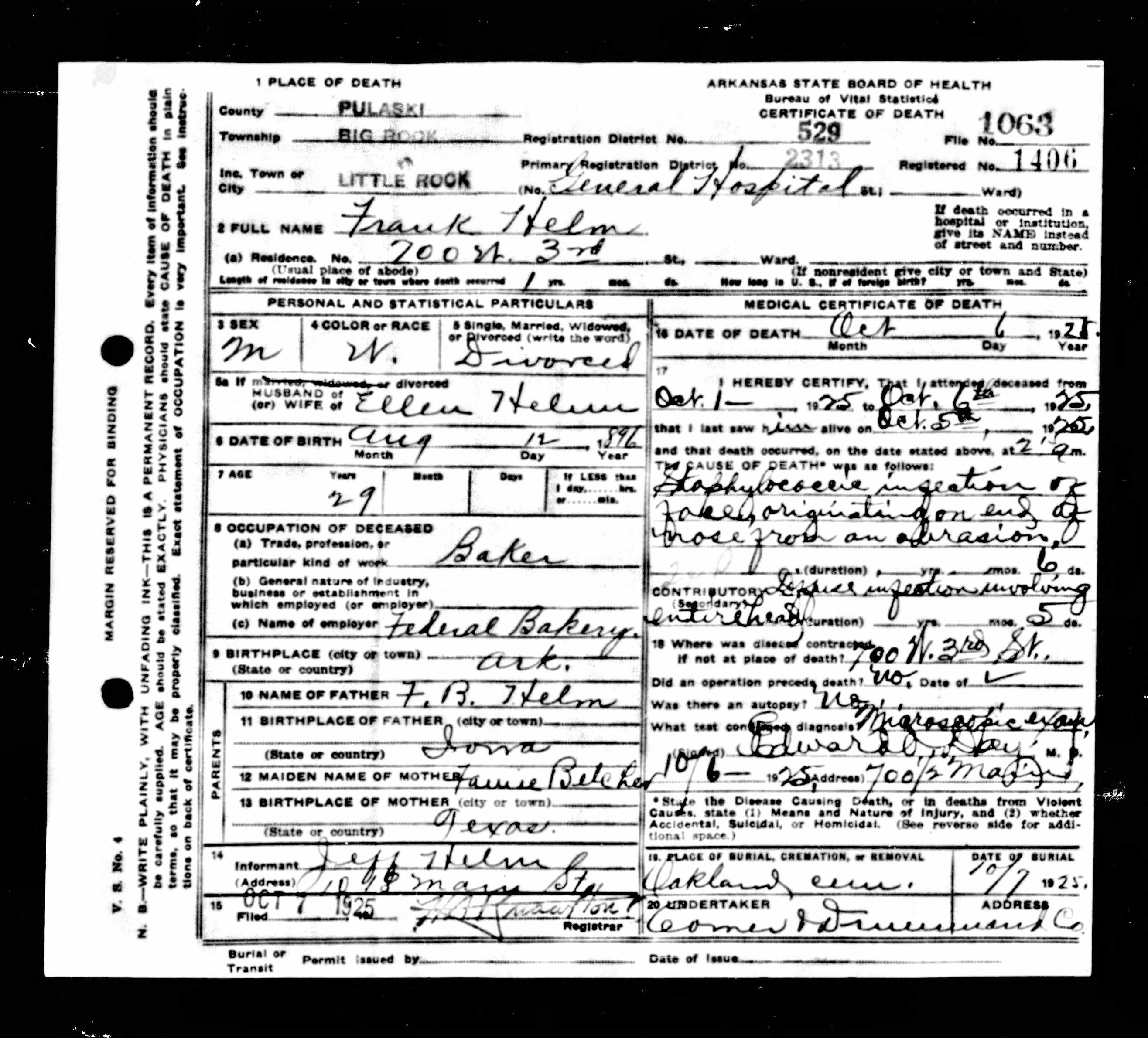 Death certificate of Frank Helm