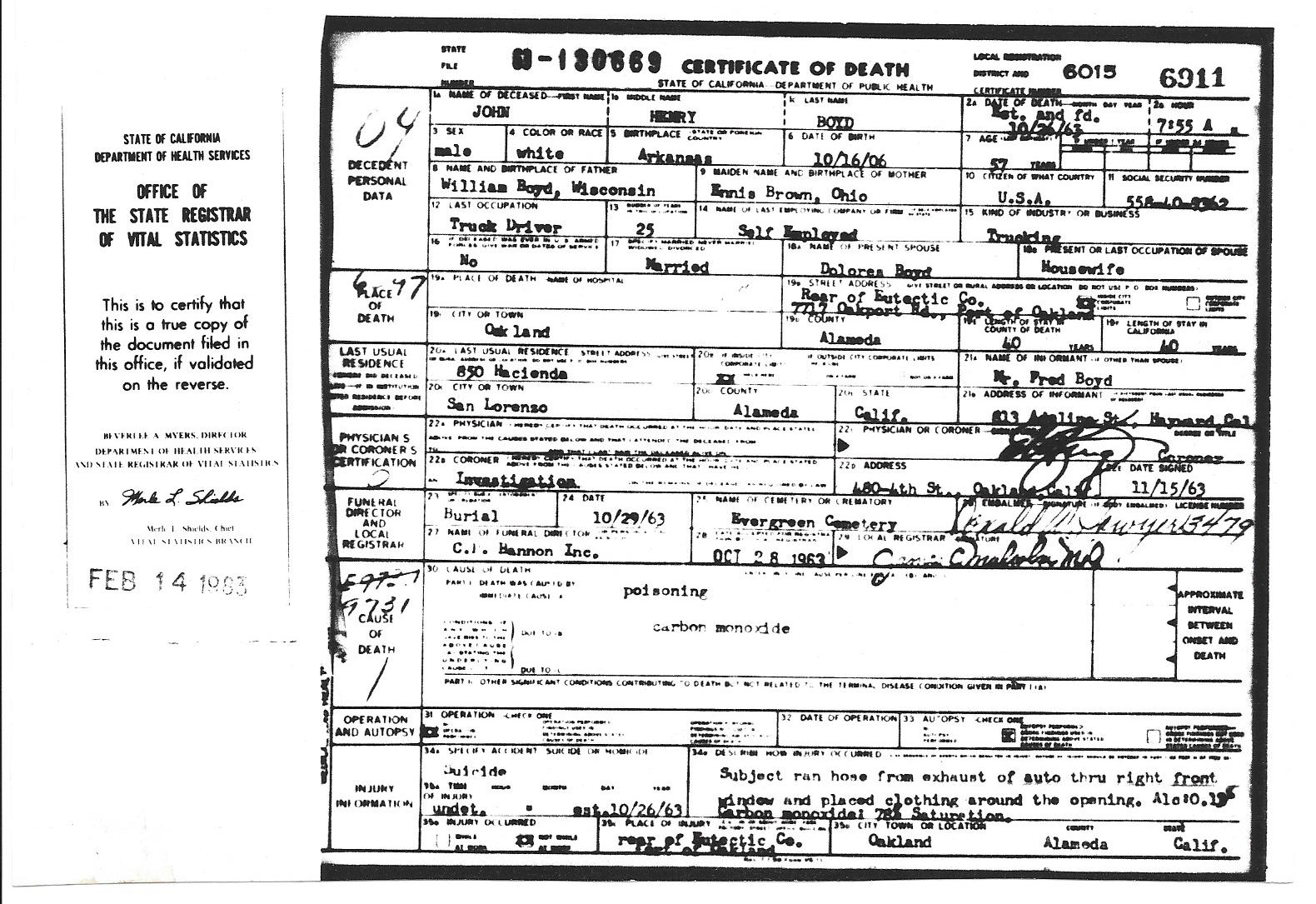 Death certificate for John Henry Boyd