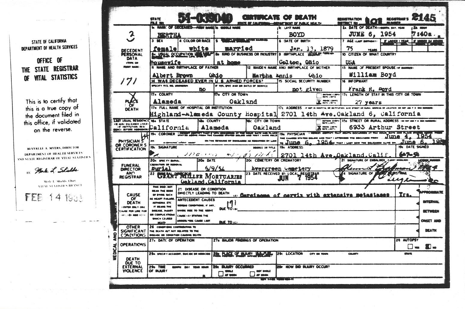 Death certificate for Bertha Boyd