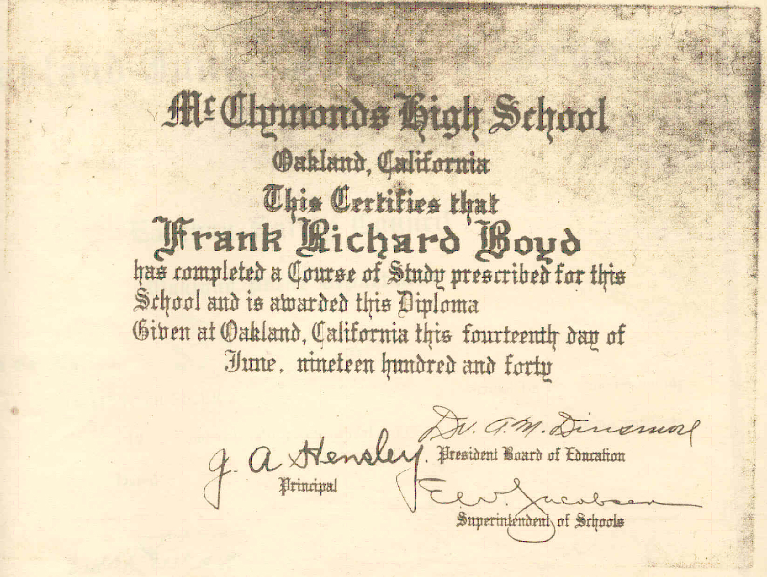 High school diploma of Frank Richard Boyd