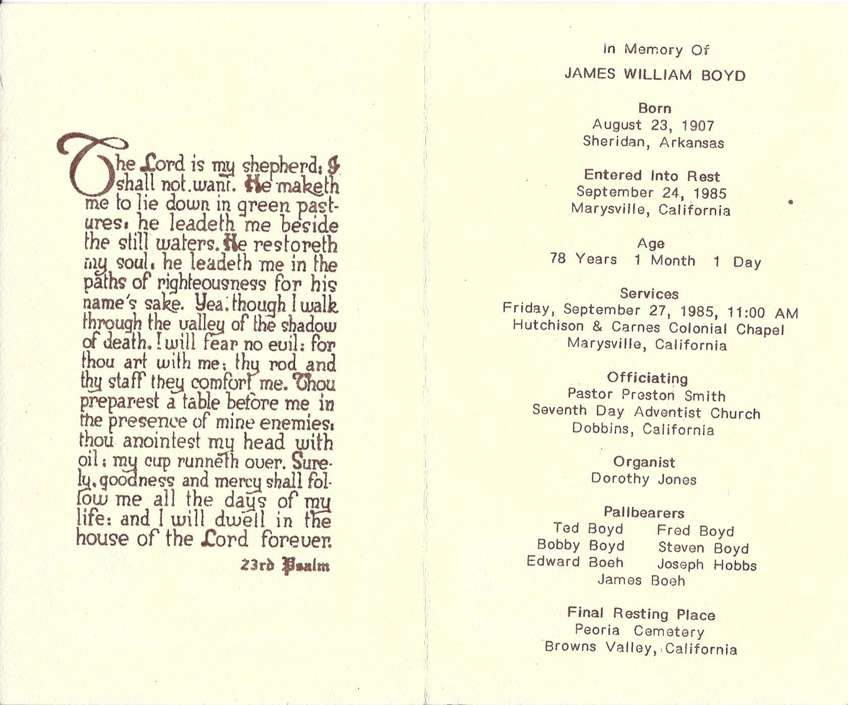 Inside of the funeral program of James William Boyd