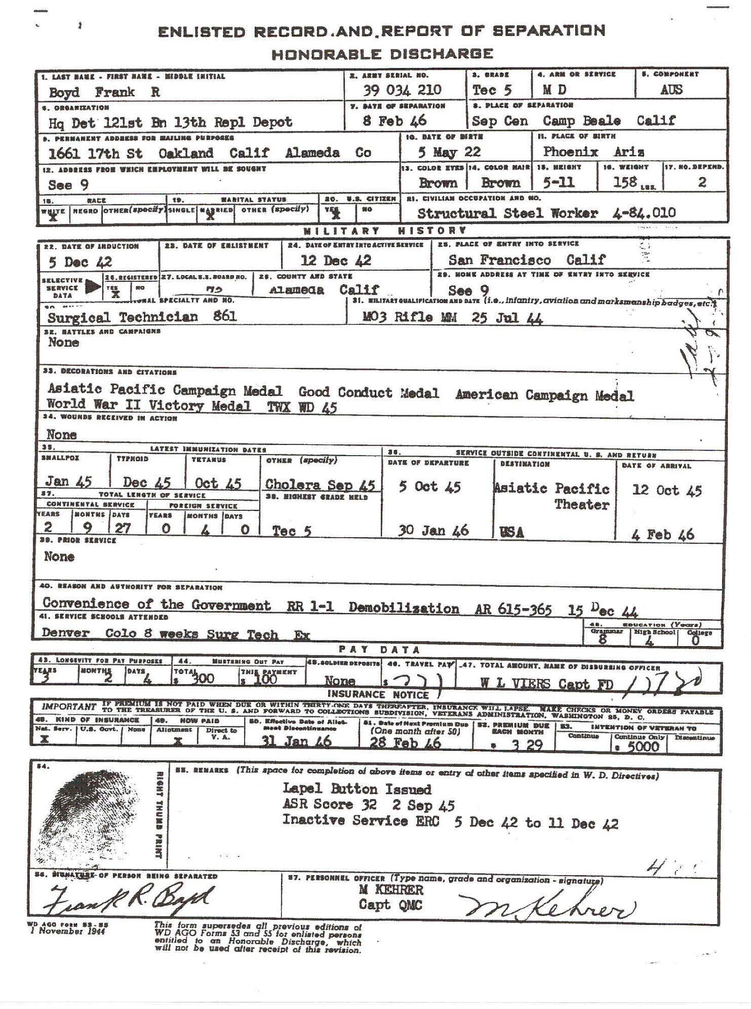 Enlisted record and report of separation of Frank R. Boyd