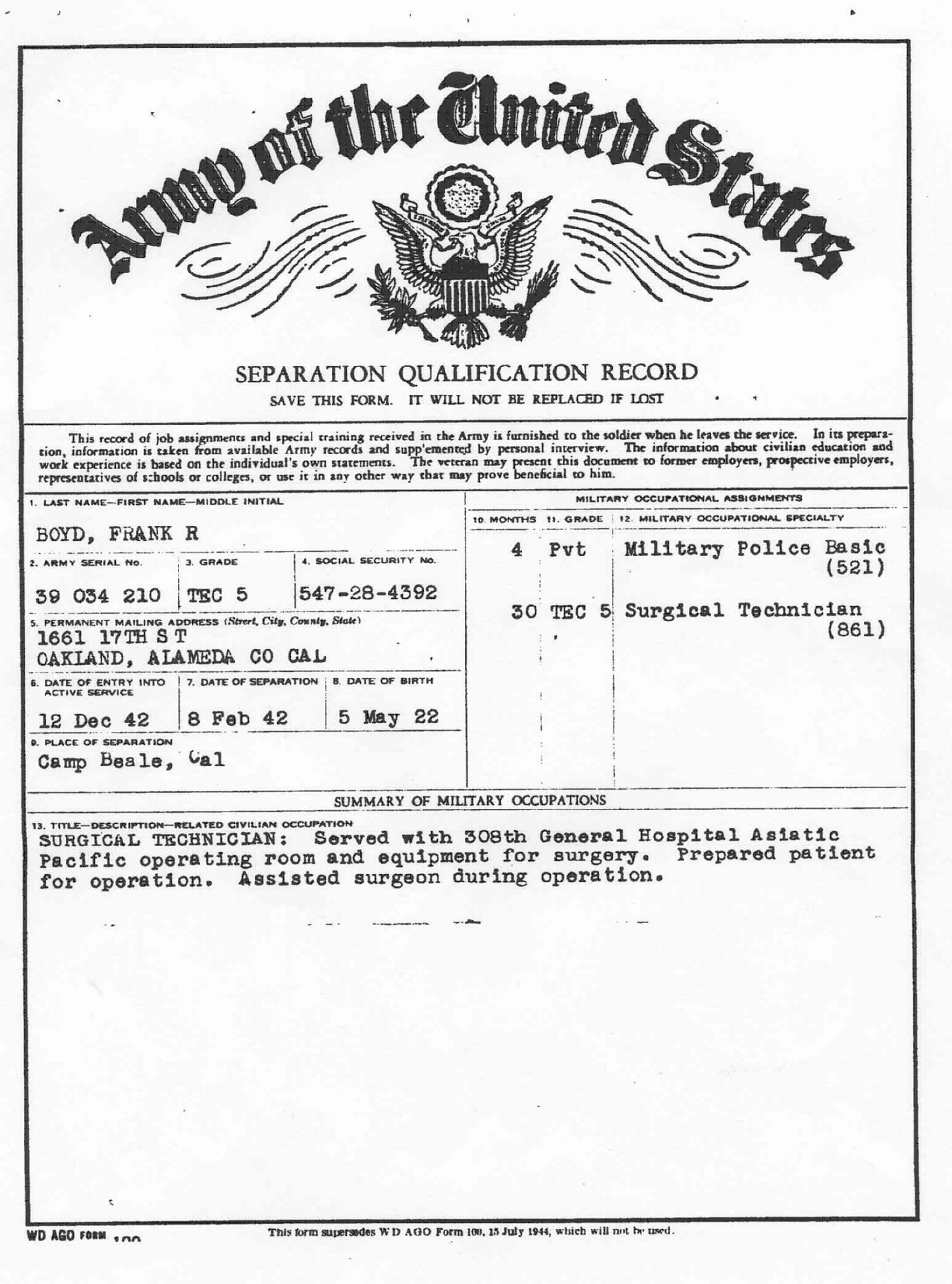 Separation qualification record, page 1, for Frank R. Boyd