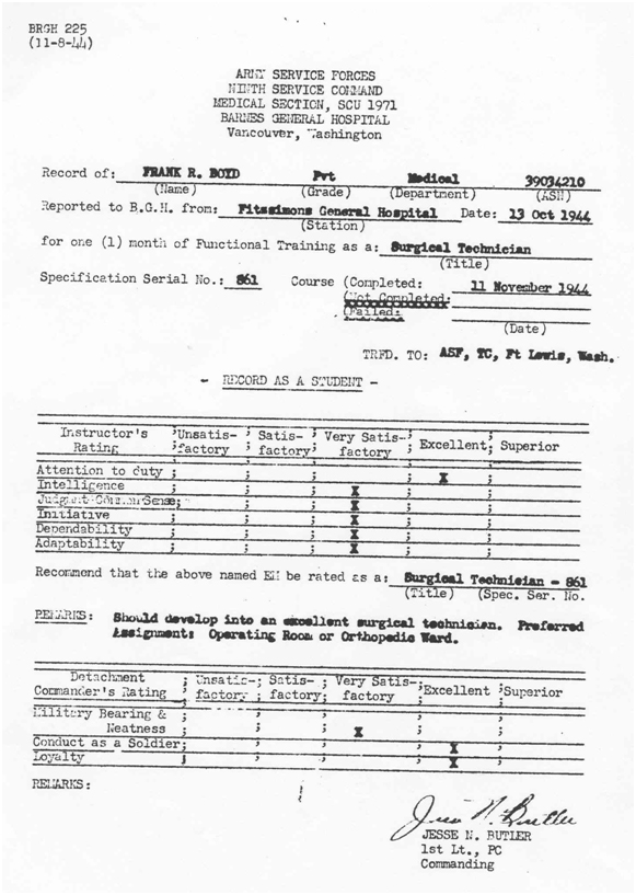 Record as a student for Frank R. Boyd