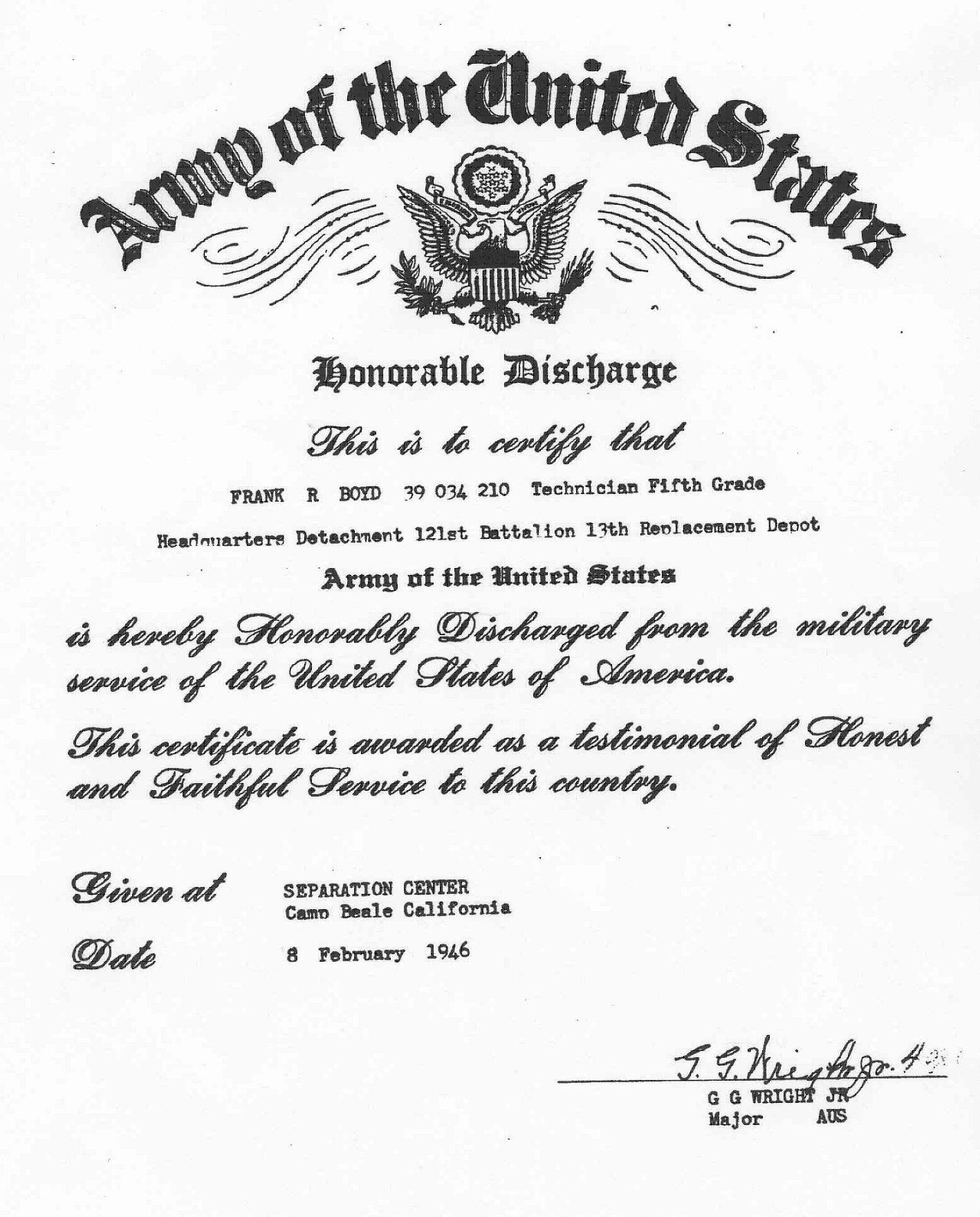Honorable discharge certificate for Frank R. Boyd