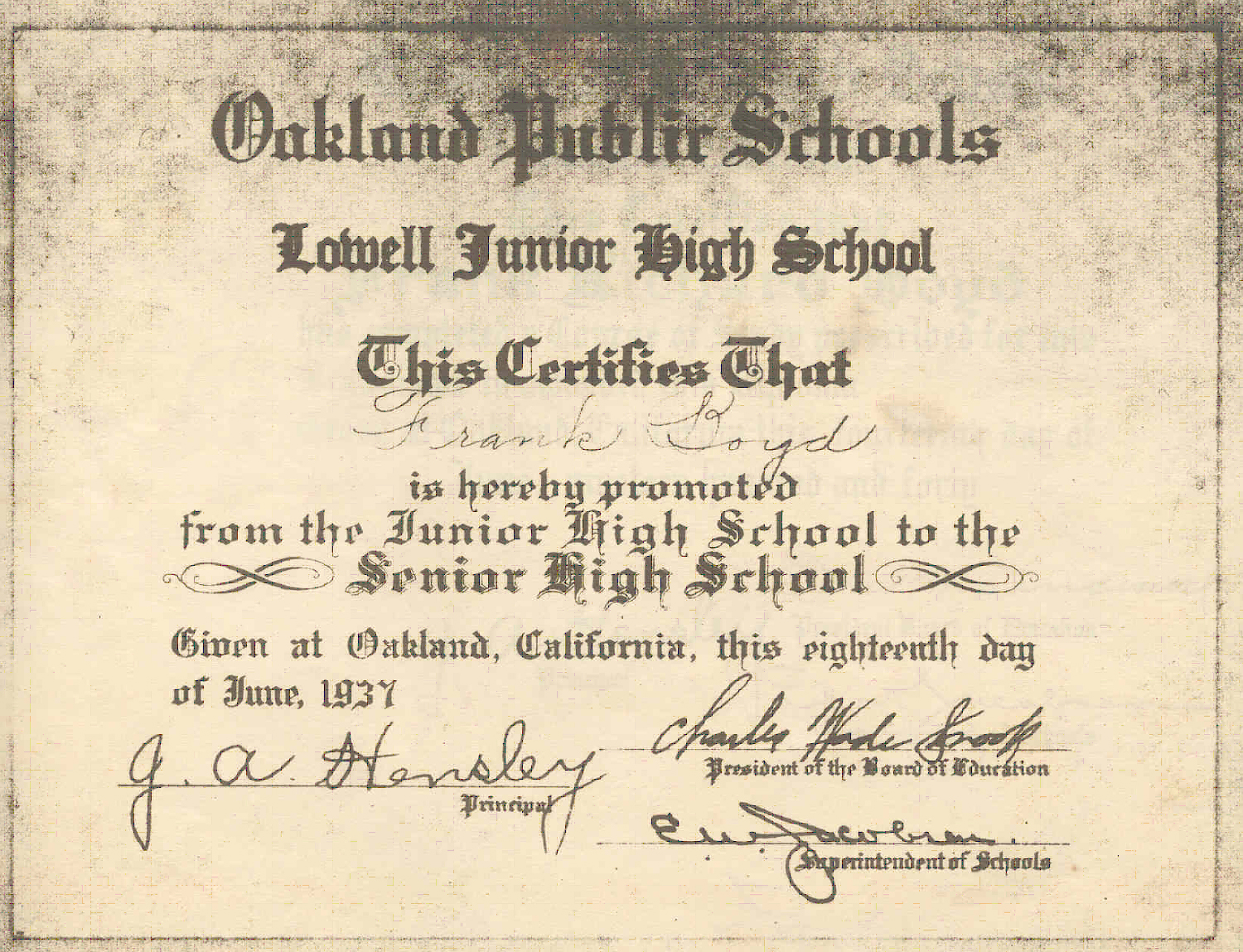 Junior high promotion certificate for Frank Boyd