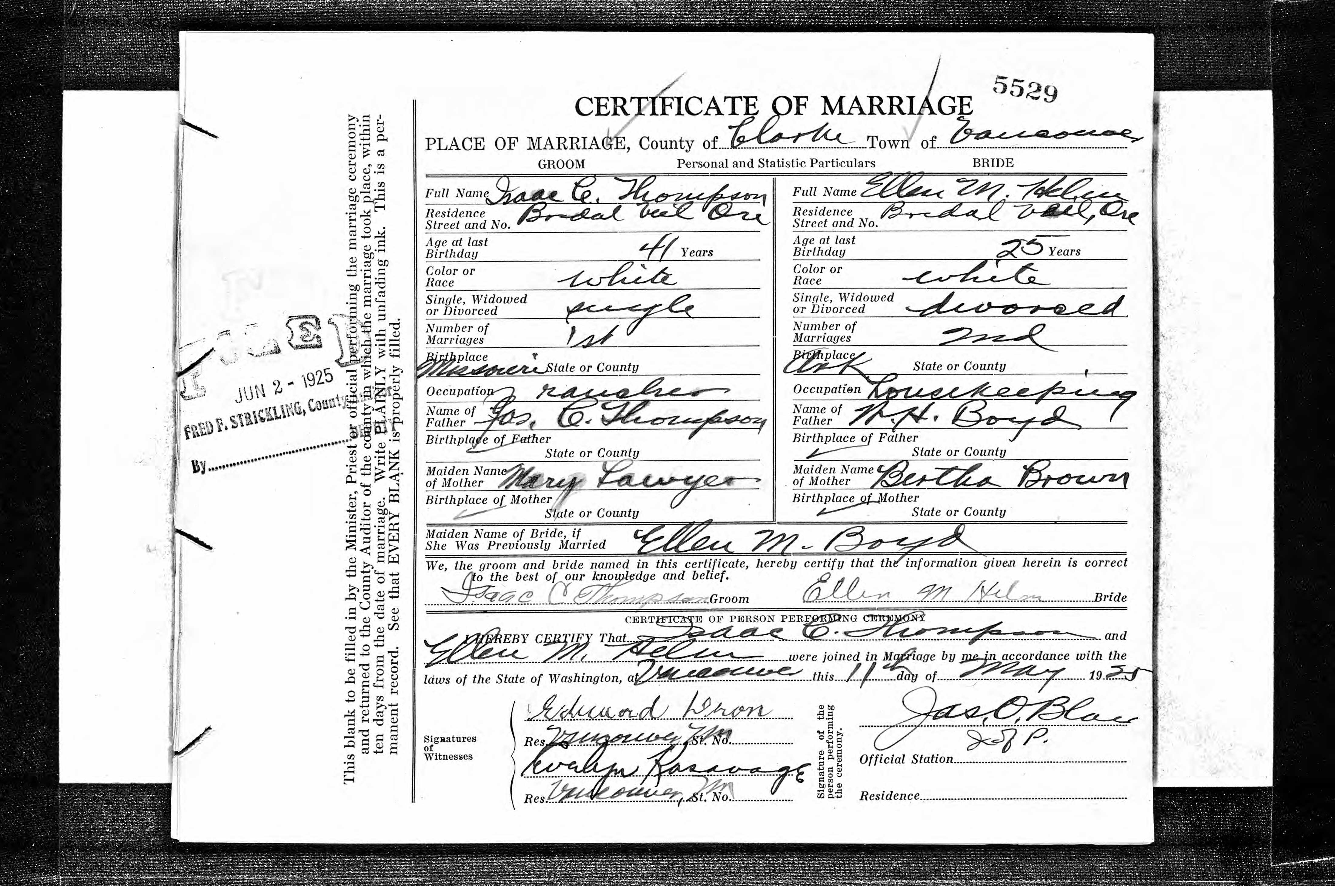 Certificate of marriage of Isaac C. Thompson and Ellen M. Helm, page 1
