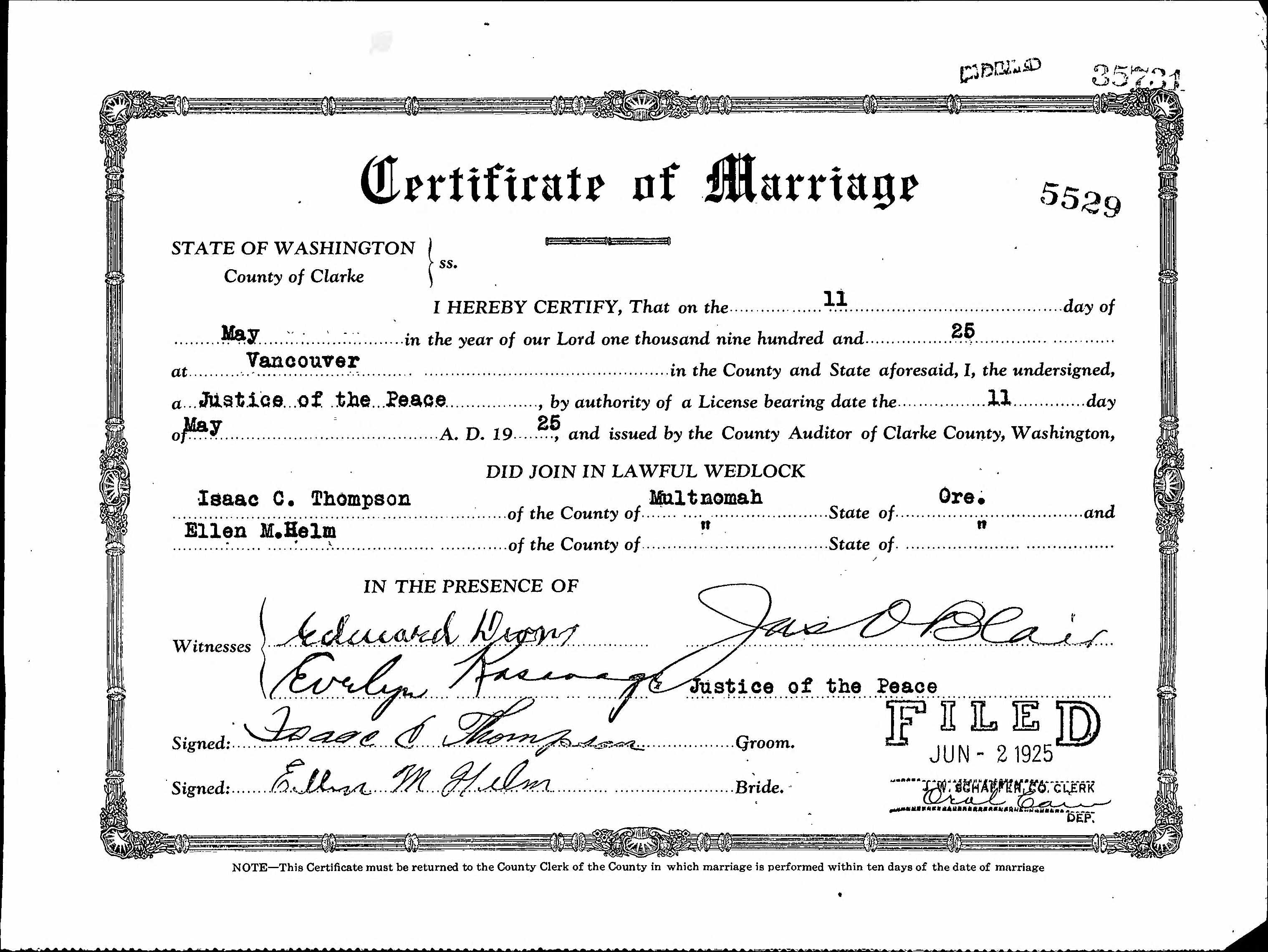 Certificate of marriage of Isaac C. Thompson and Ellen M. Helm, page 2