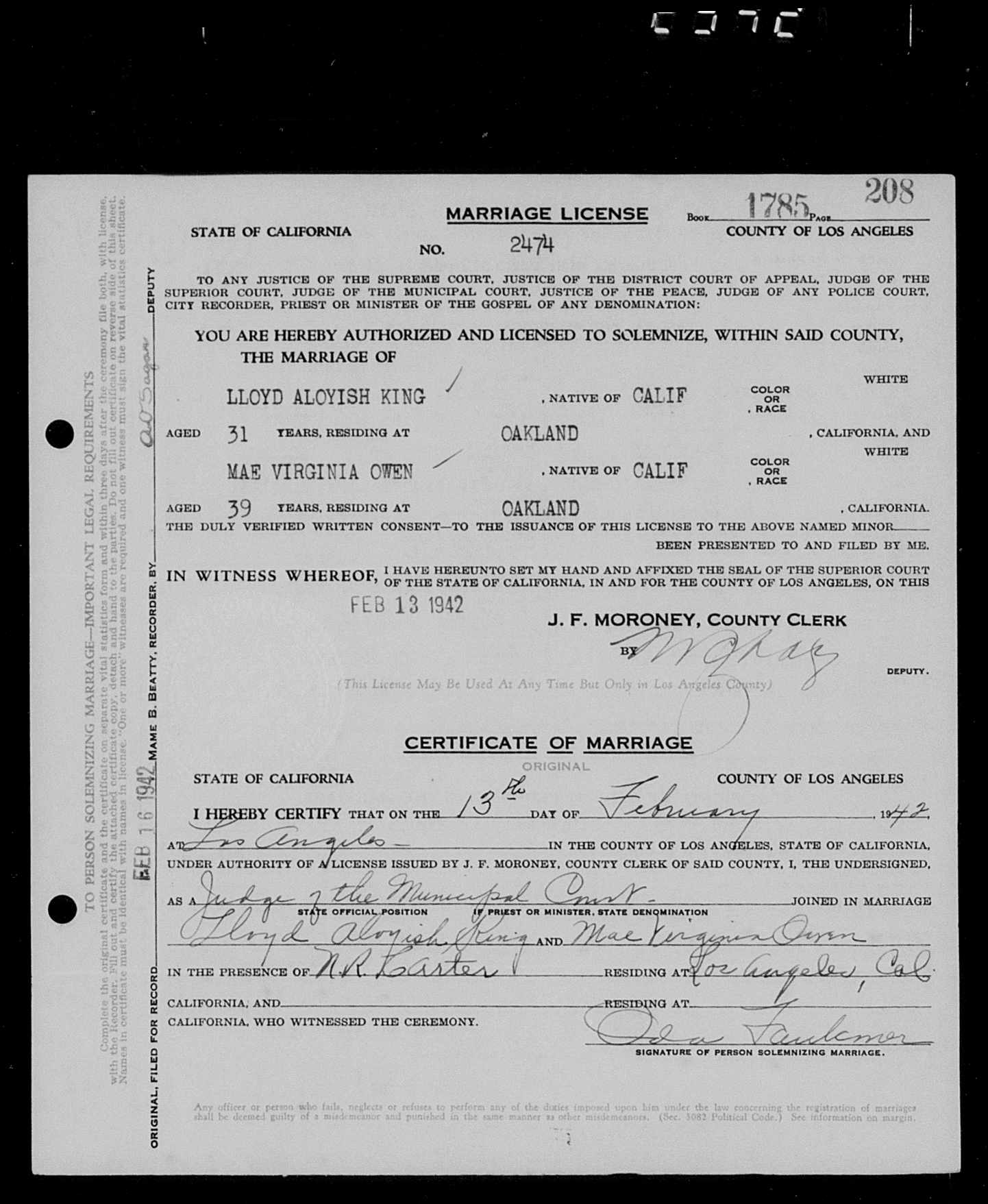 Marriage license and certificate of Lloyd Aloyish King and Mae V. Owen