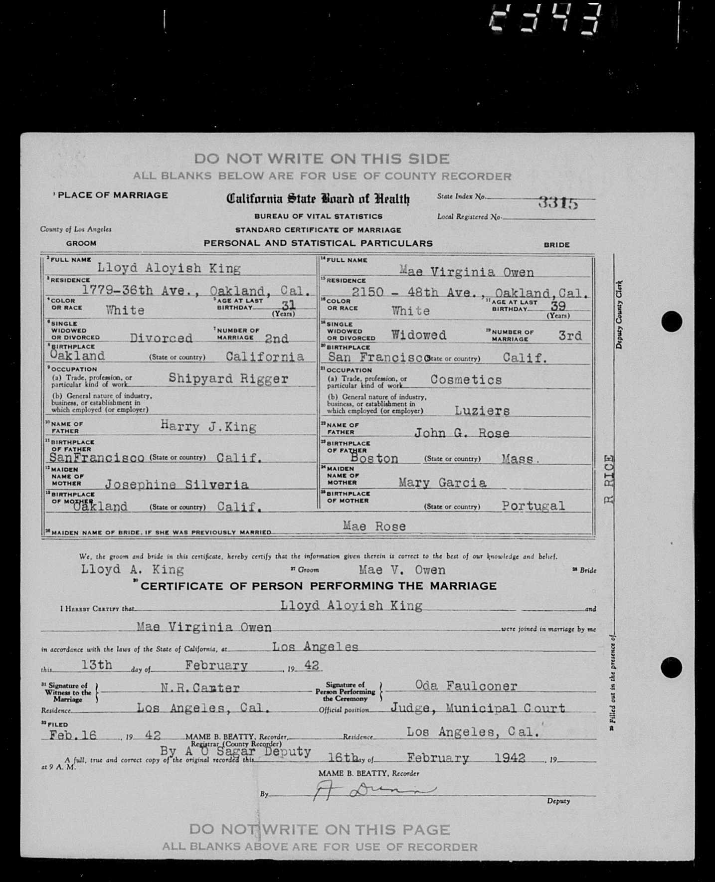 Certificate of marriage of Lloyd Aloyish King and Mae Virginia Owen