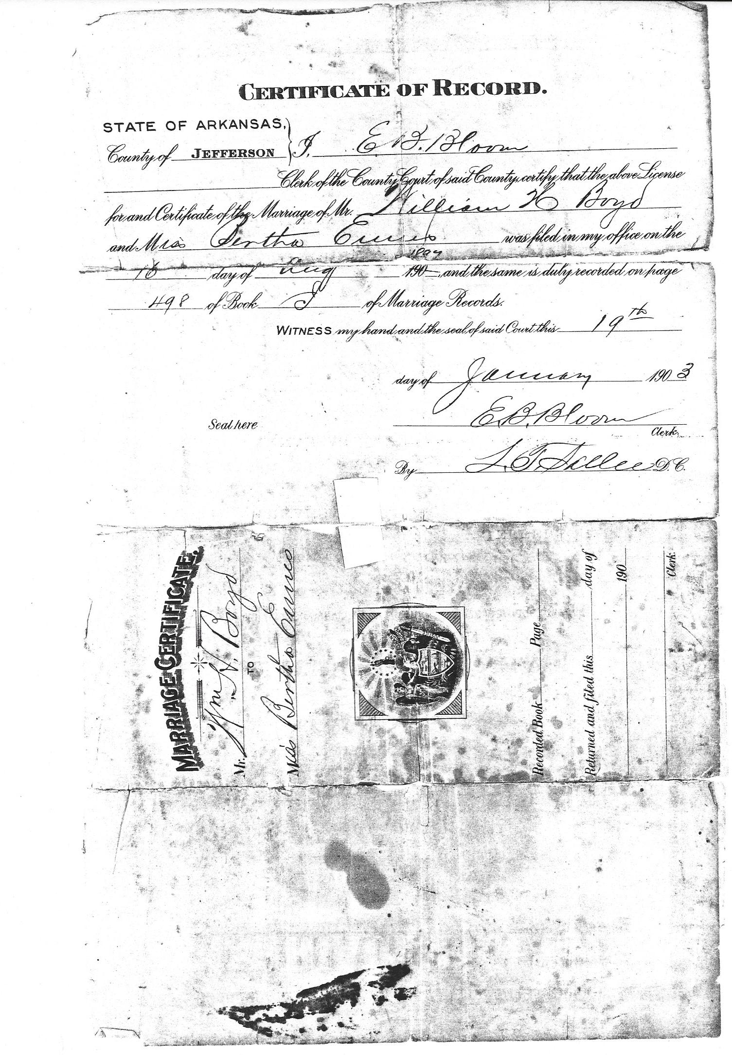 Marriage certificate of William H. Boyd and Bertha Ennes