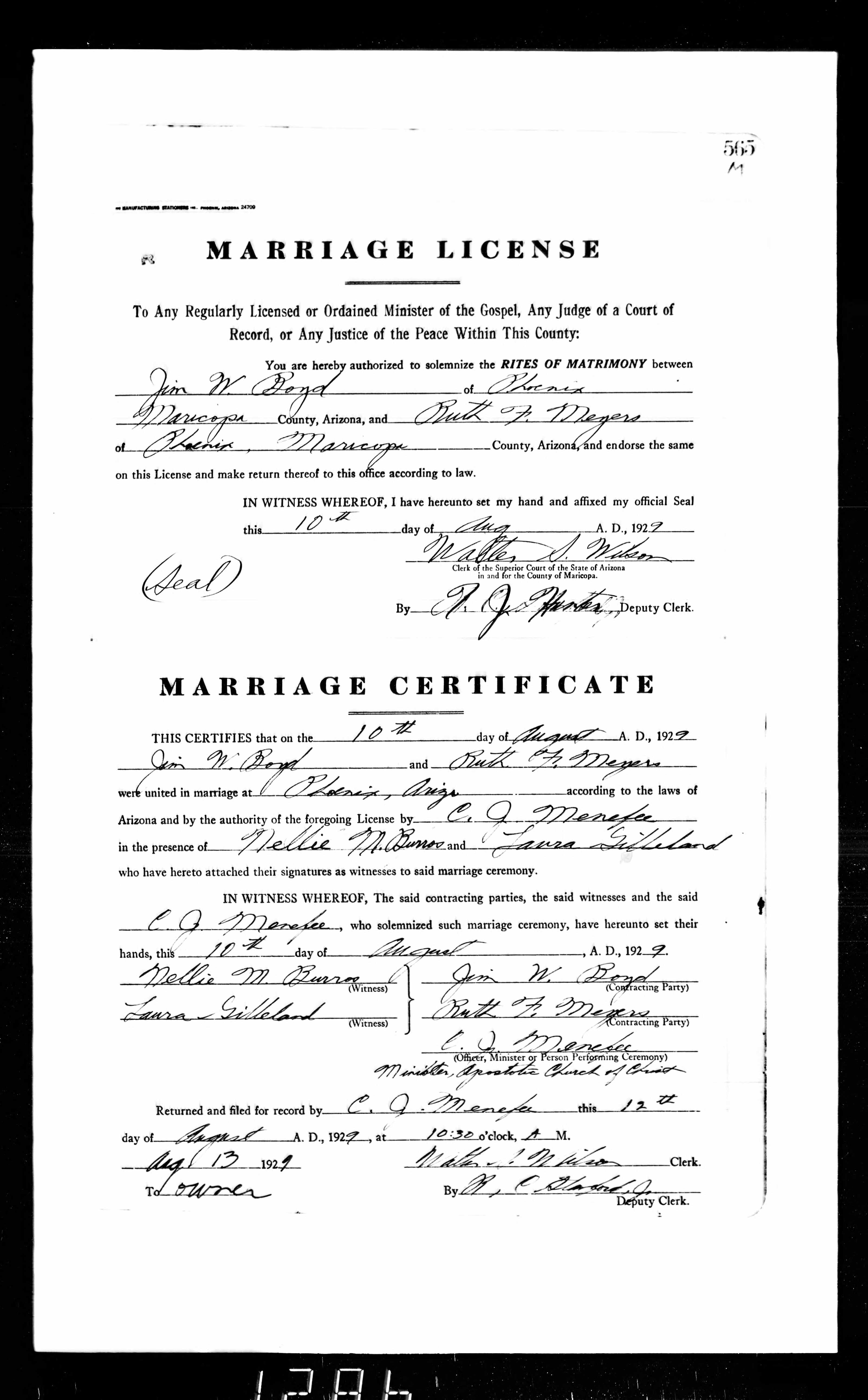 Marriage license and certificate of Jim W. Boyd and Ruth F. Meyers