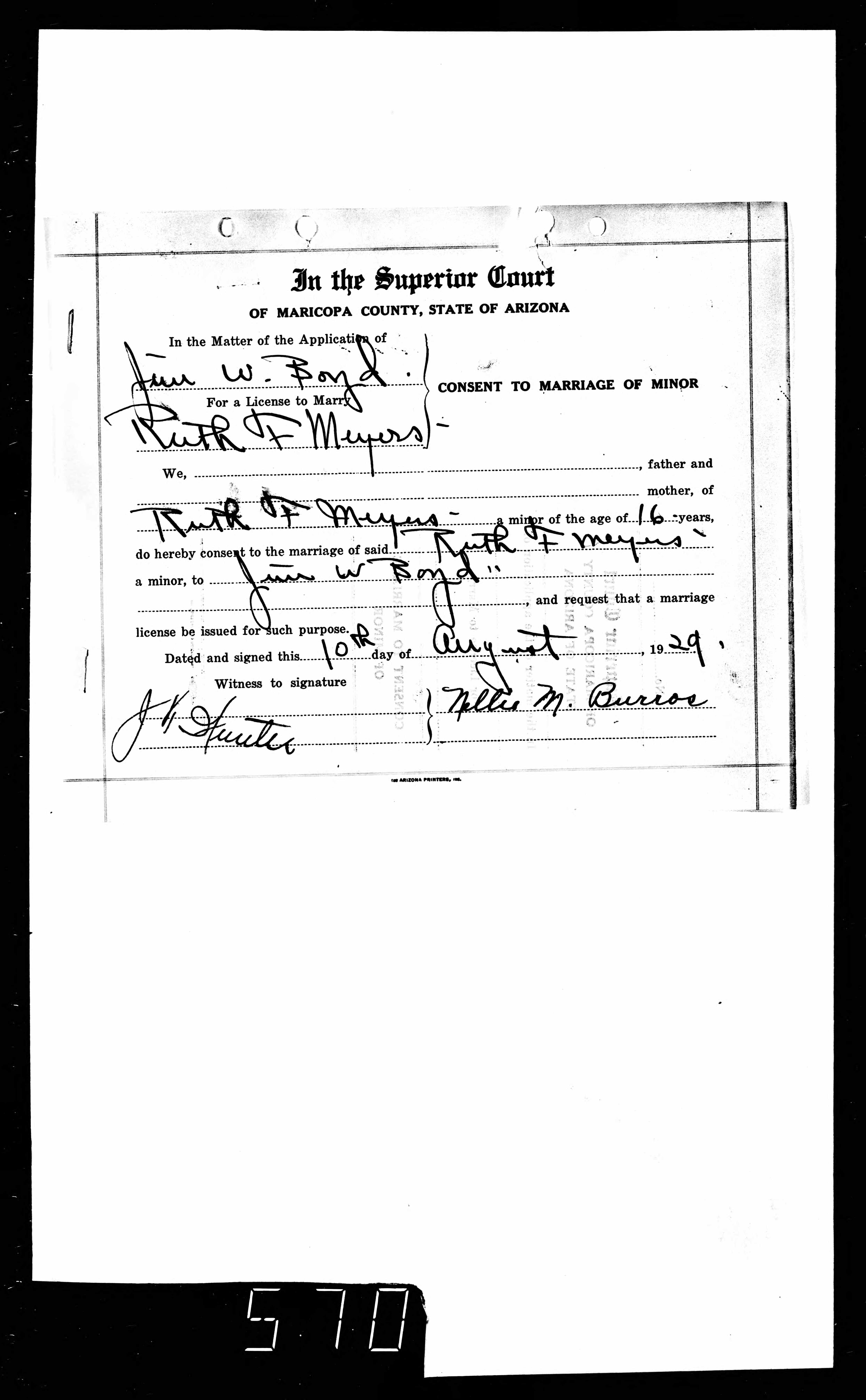 Consent for marriage to minor for Jim W. Boyd to marry Ruth F. Meyers